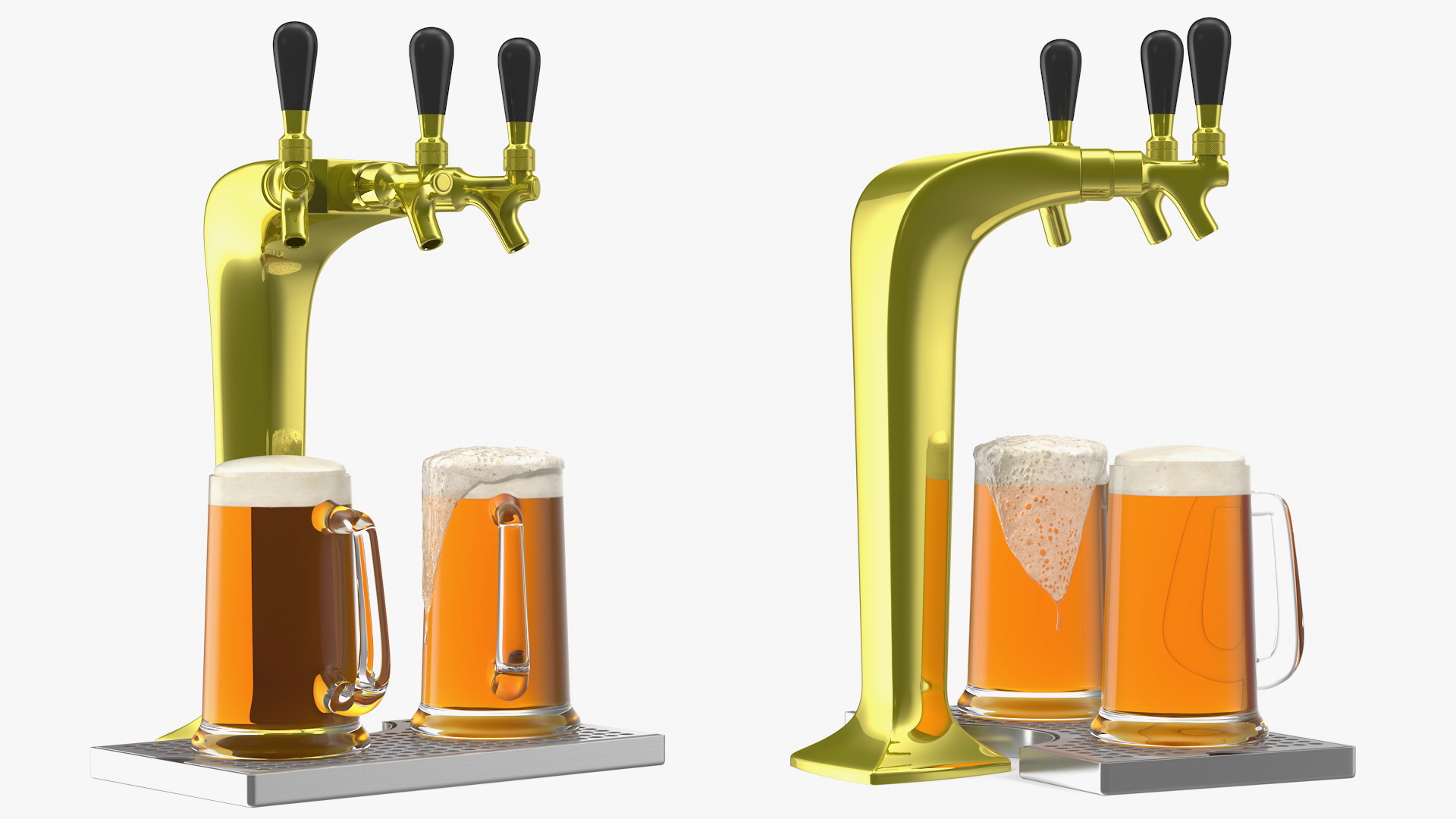 3D Triple Tap Brass Draft Beer Tower with Beer Mugs model