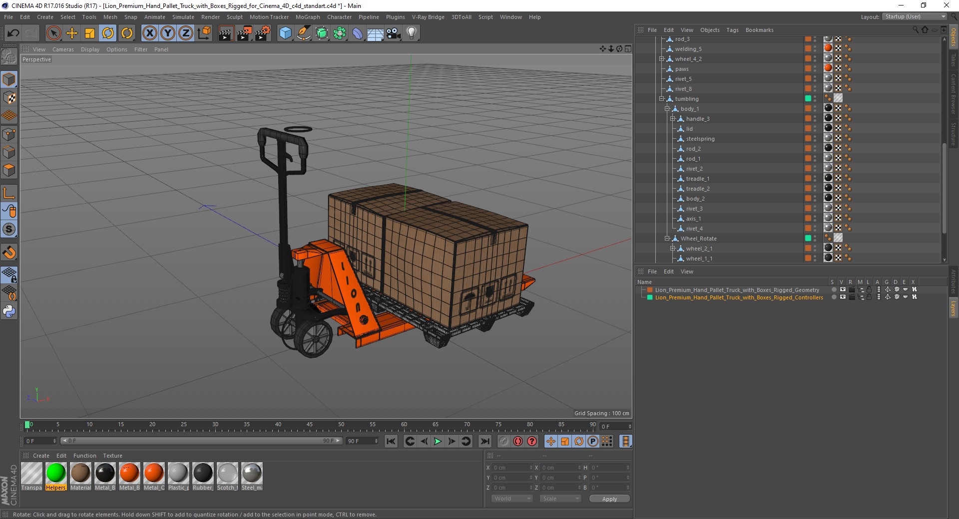 Lion Premium Hand Pallet Truck with Boxes Rigged for Cinema 4D 3D
