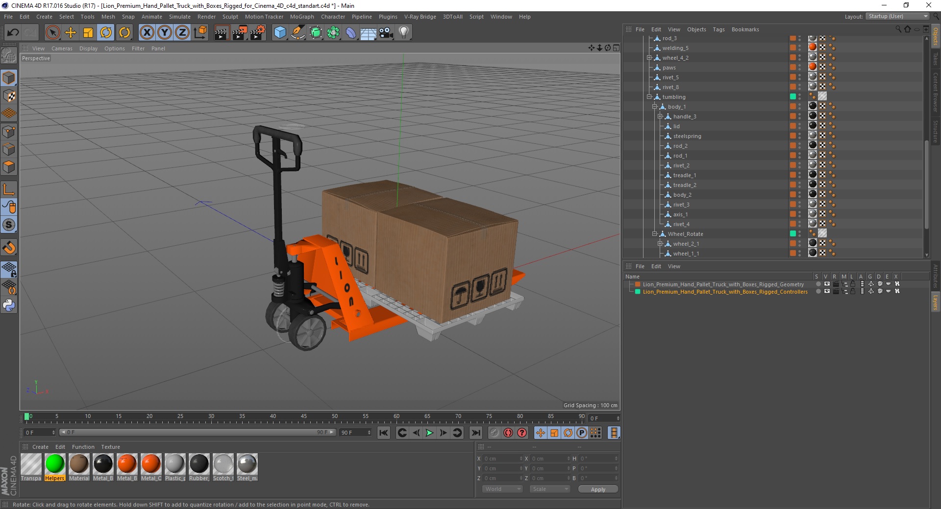 Lion Premium Hand Pallet Truck with Boxes Rigged for Cinema 4D 3D