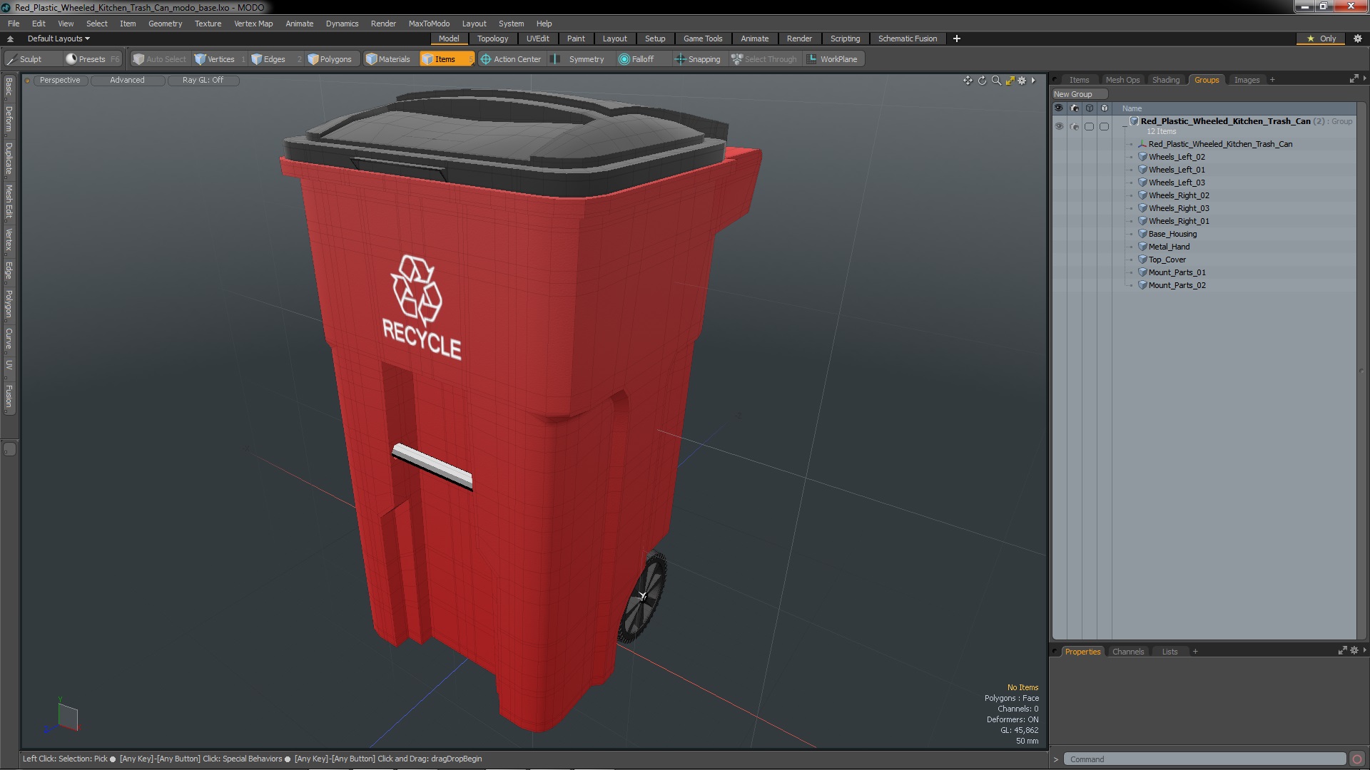 Red Plastic Wheeled Kitchen Trash Can 3D