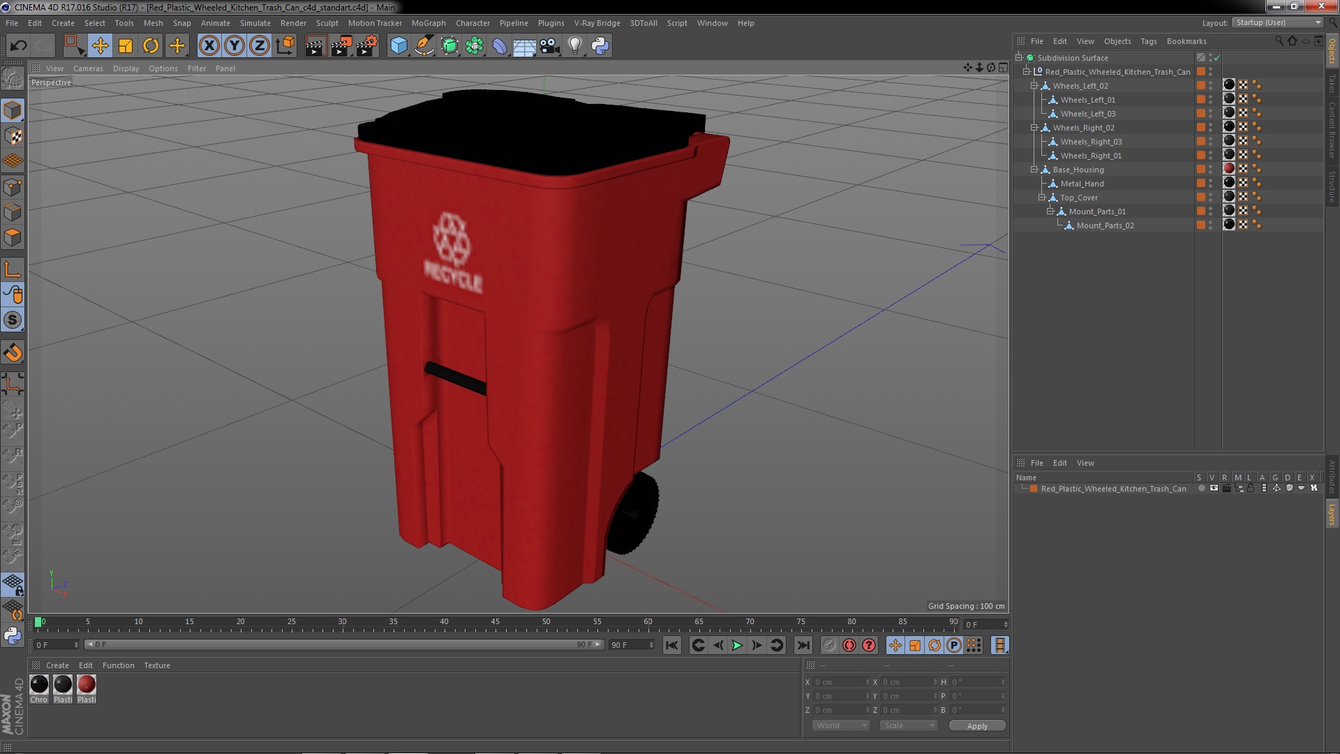 Red Plastic Wheeled Kitchen Trash Can 3D