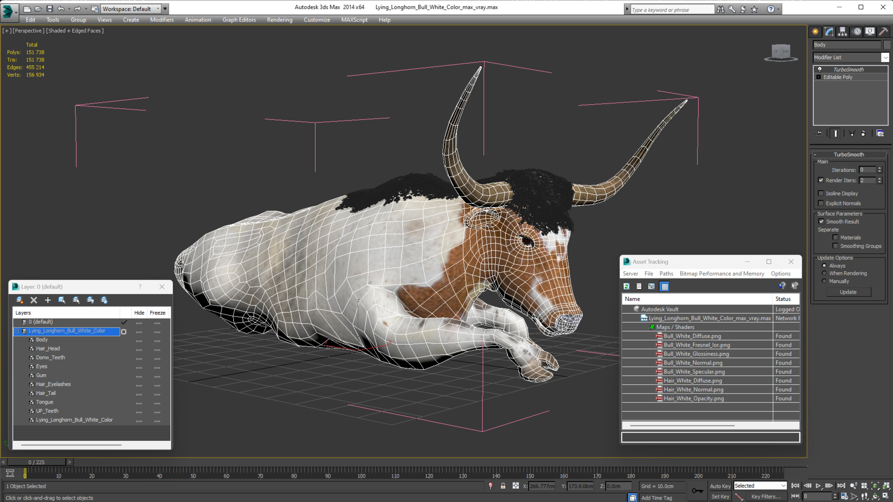 3D Lying Longhorn Bull White Color