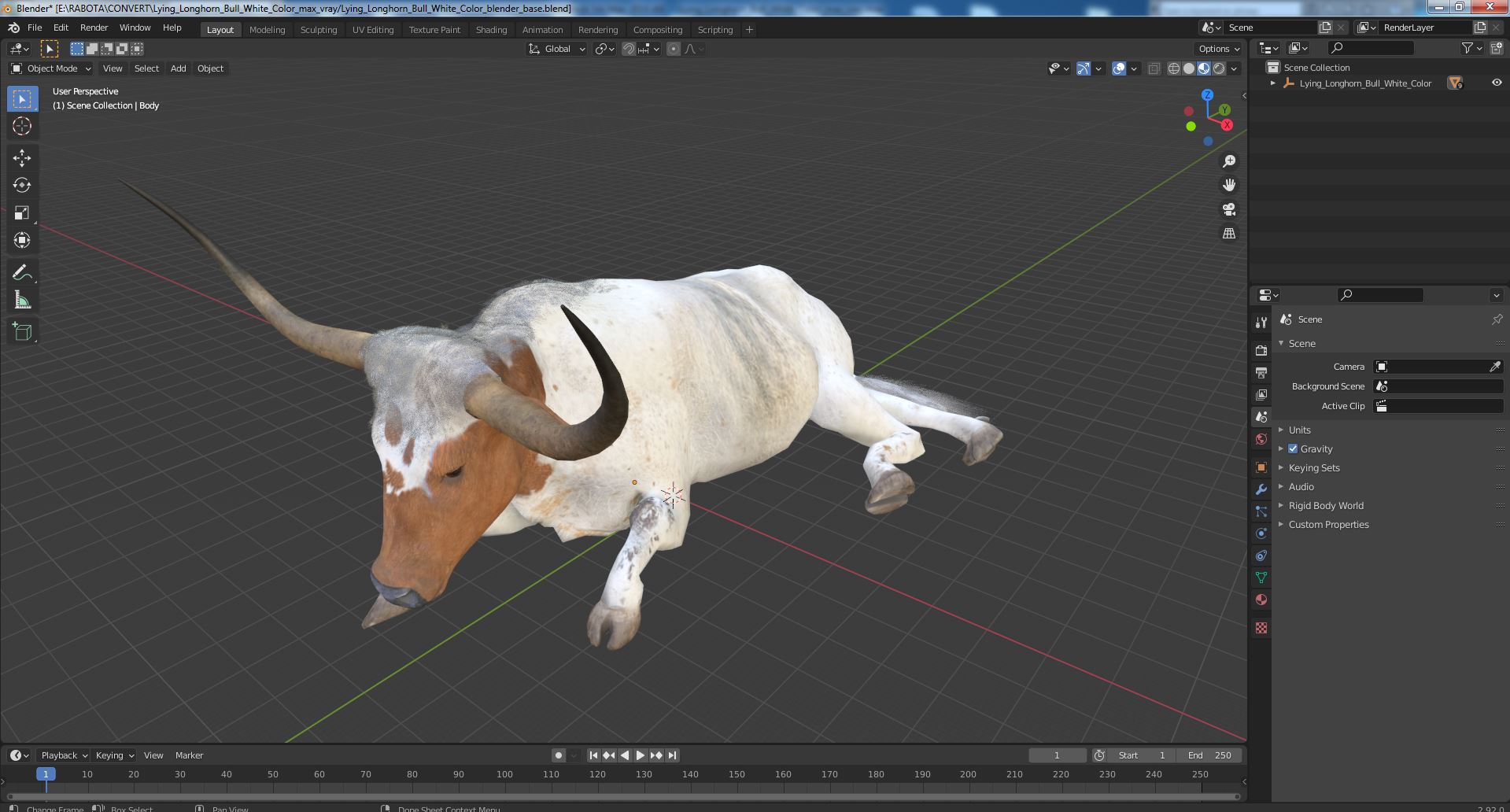 3D Lying Longhorn Bull White Color