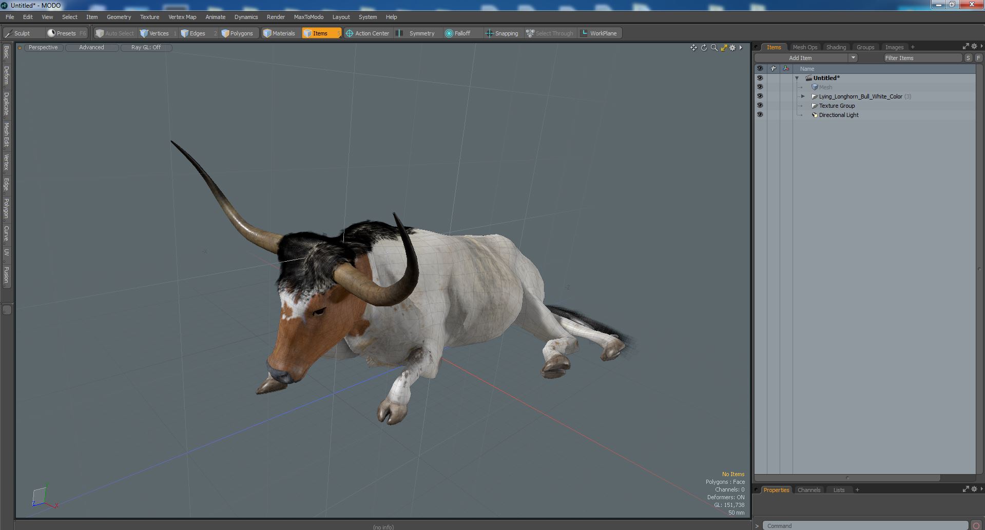 3D Lying Longhorn Bull White Color