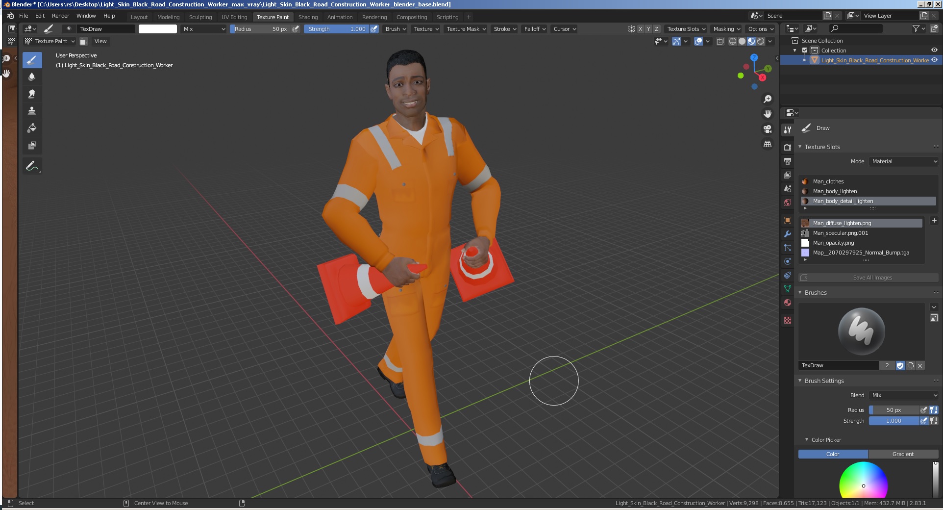 3D Light Skin Black Road Construction Worker