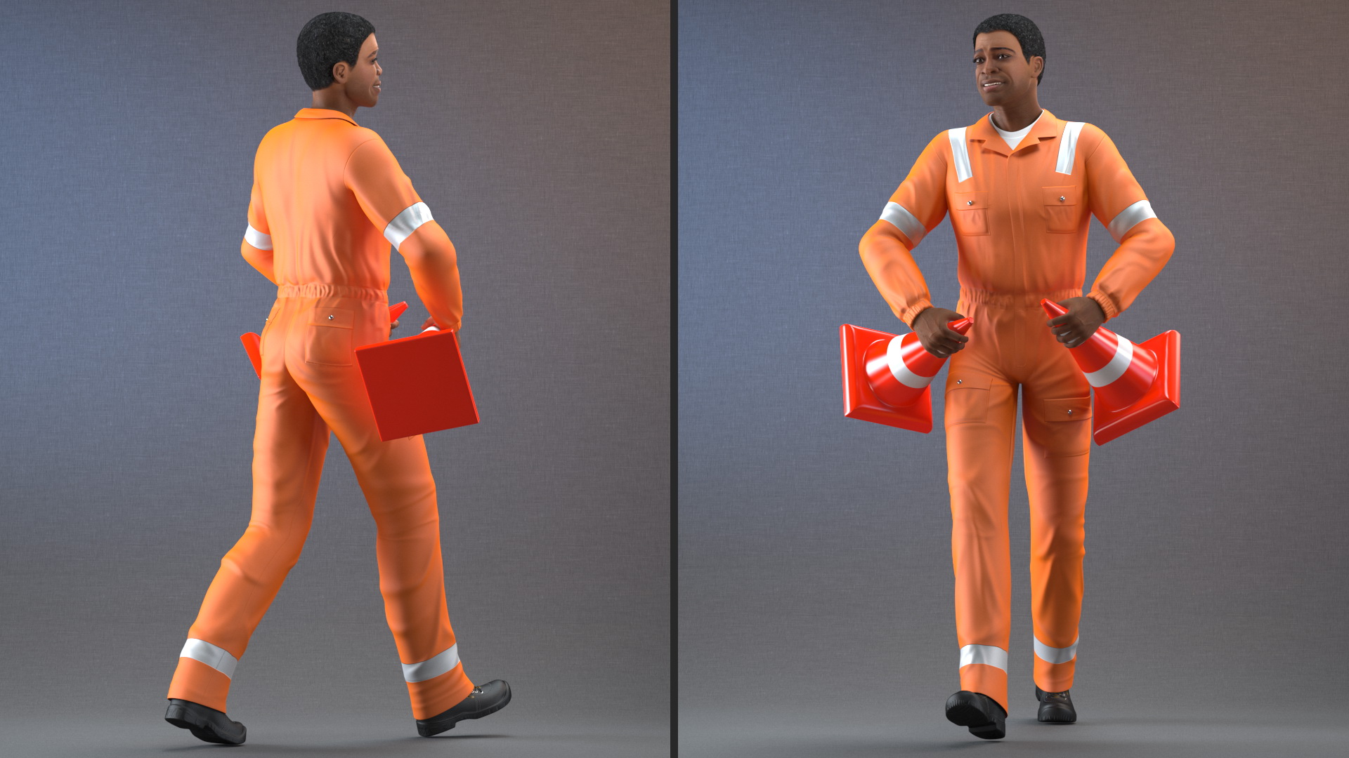 3D Light Skin Black Road Construction Worker