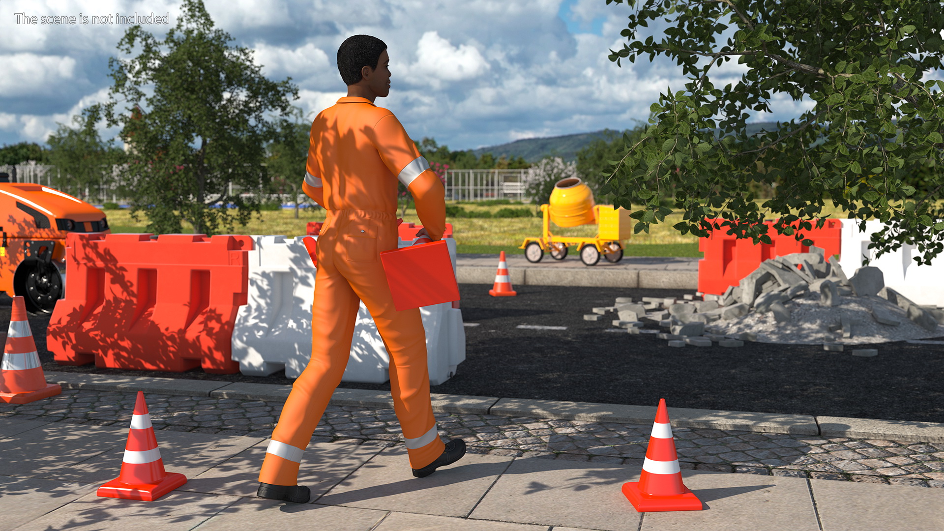 3D Light Skin Black Road Construction Worker
