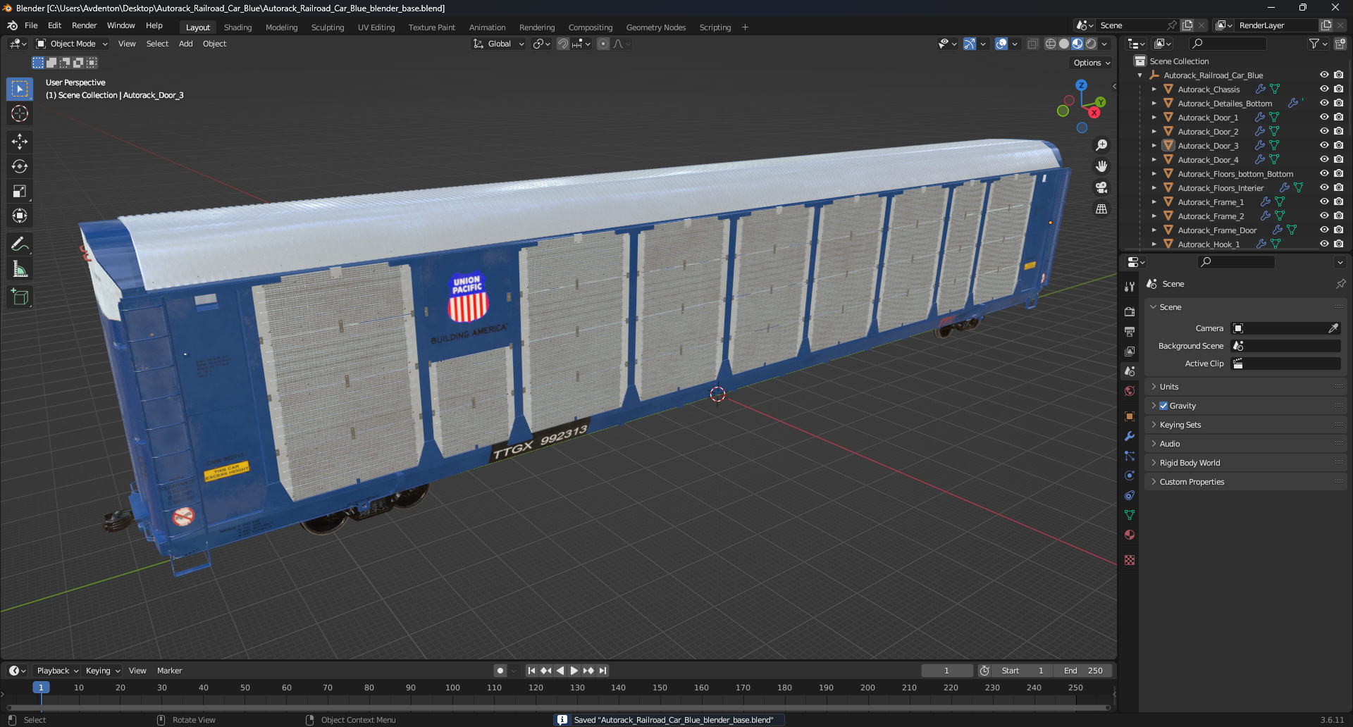 3D Autorack Railroad Car Blue