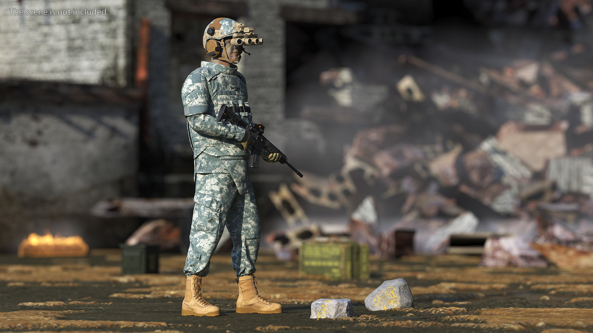 Soldier in Night Vision Goggles Grey Camo Standing Fur 3D model