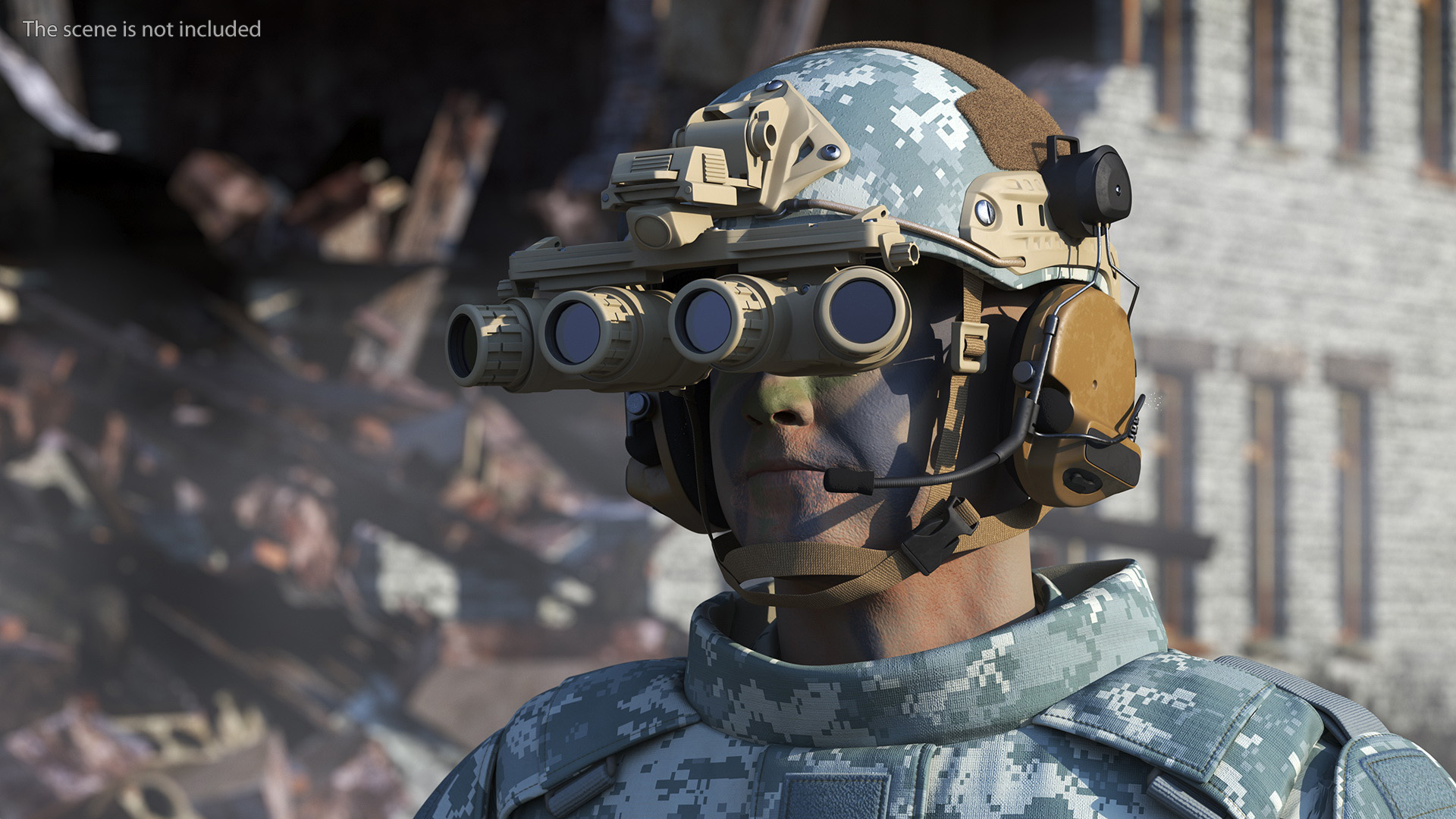 Soldier in Night Vision Goggles Grey Camo Standing Fur 3D model