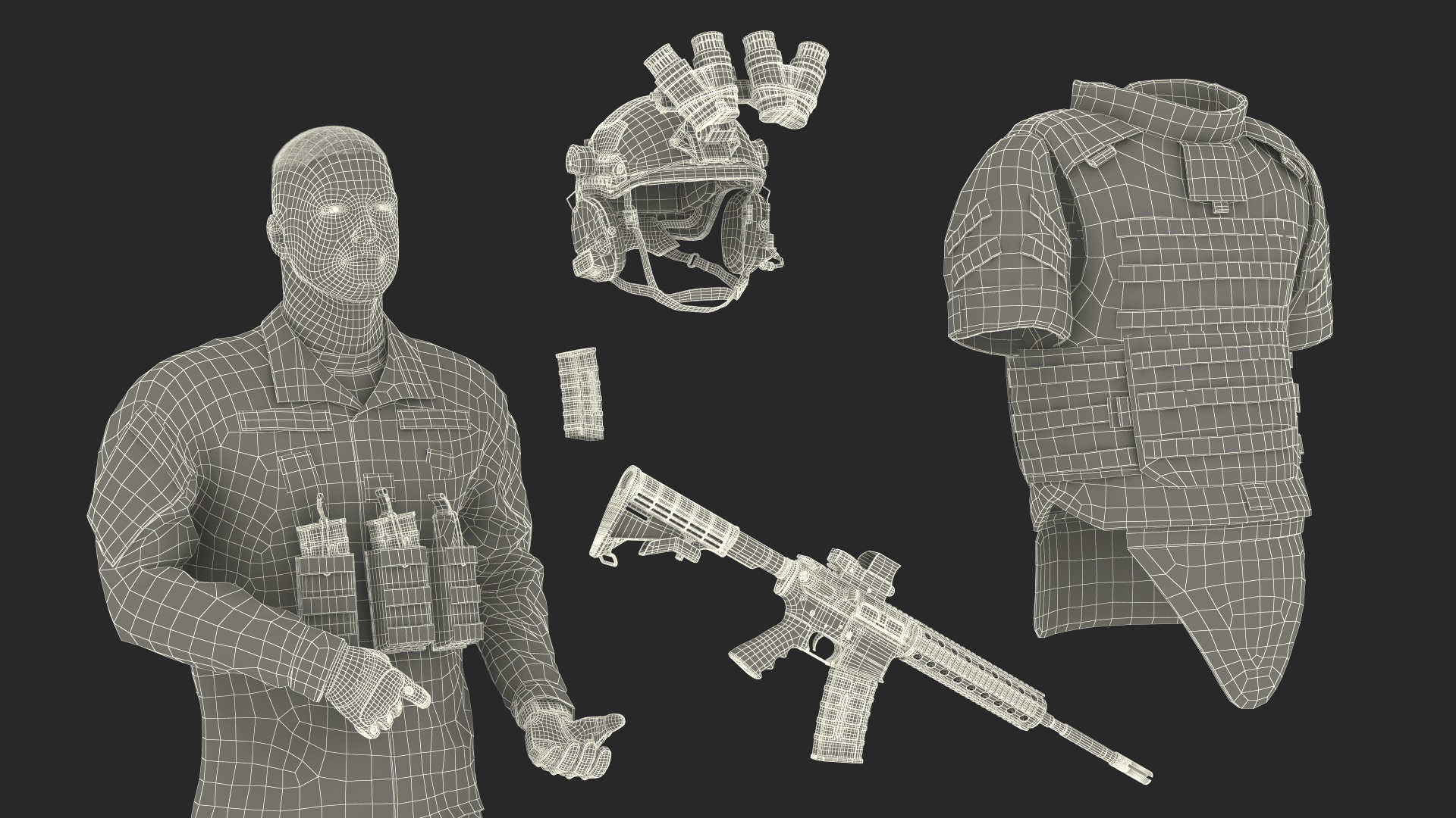 Soldier in Night Vision Goggles Grey Camo Standing Fur 3D model