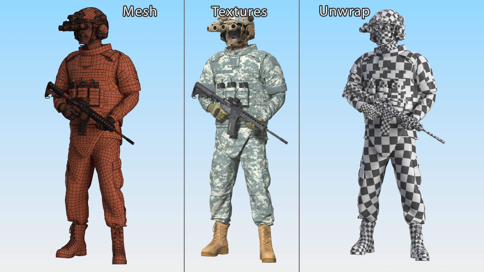 Soldier in Night Vision Goggles Grey Camo Standing Fur 3D model