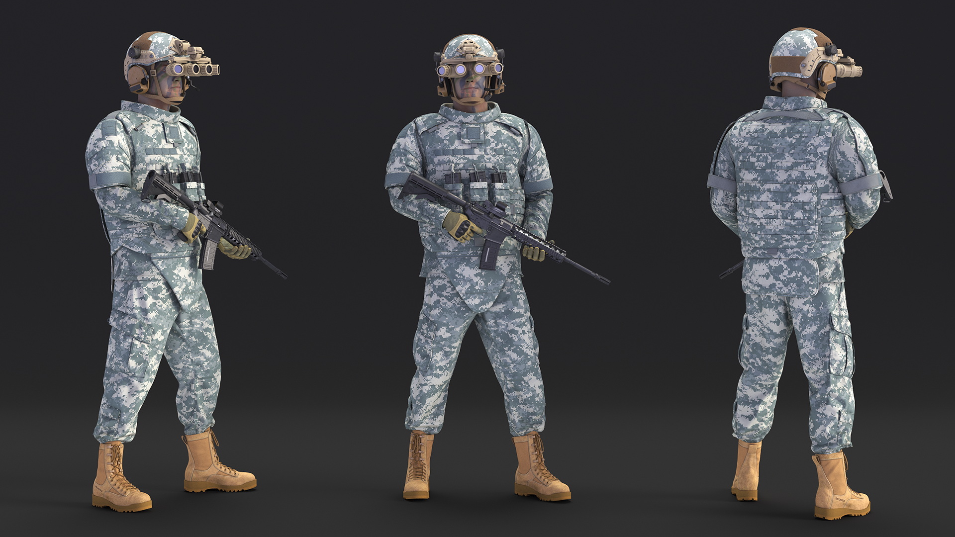 Soldier in Night Vision Goggles Grey Camo Standing Fur 3D model