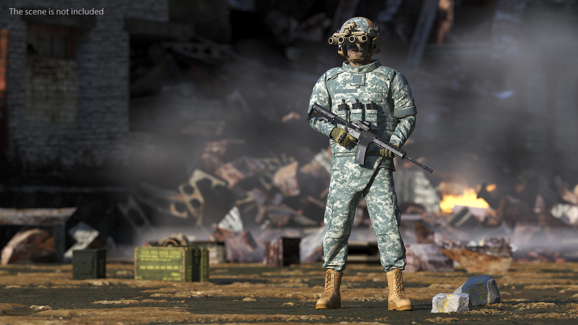 Soldier in Night Vision Goggles Grey Camo Standing Fur 3D model