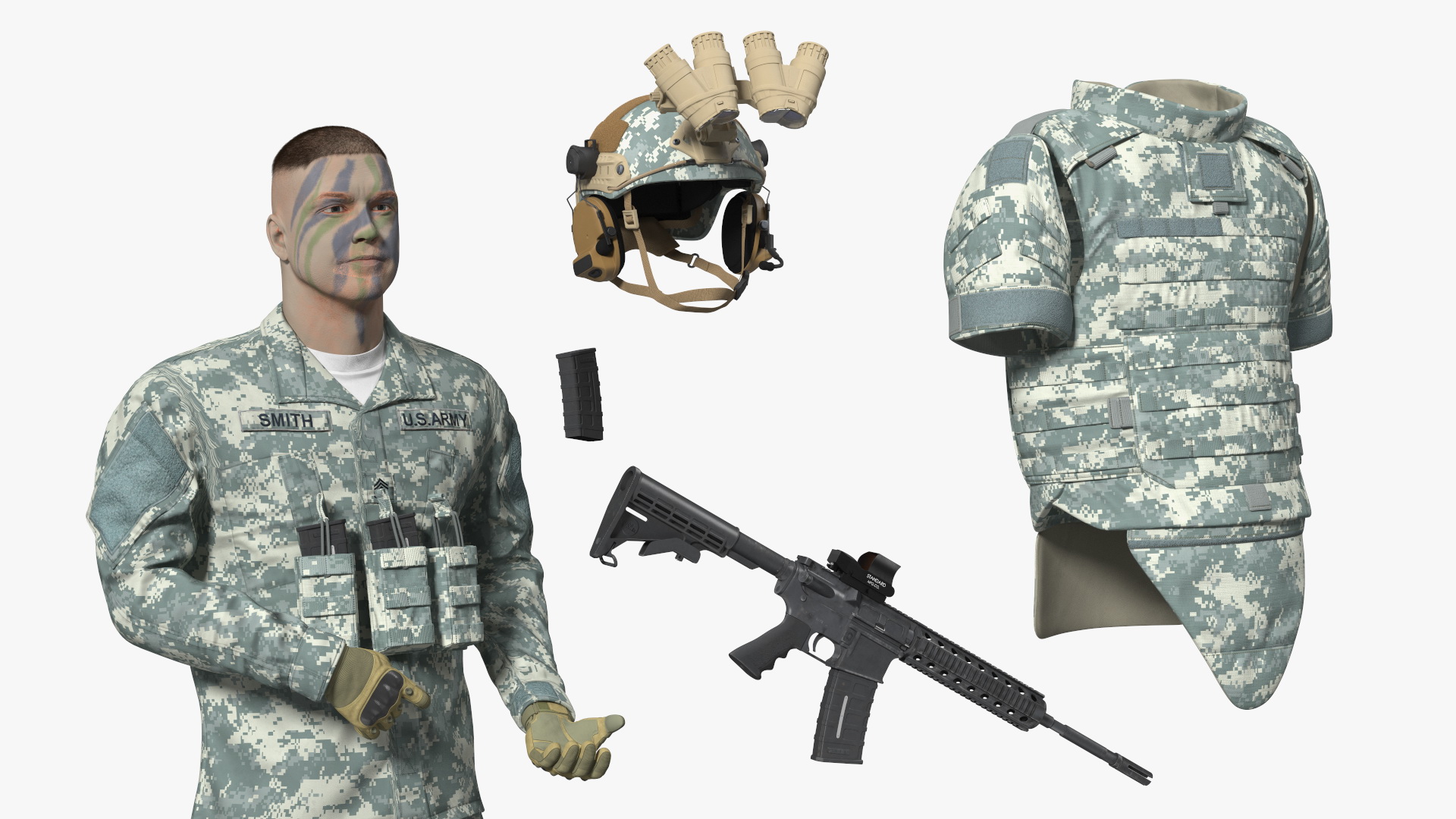 Soldier in Night Vision Goggles Grey Camo Standing Fur 3D model