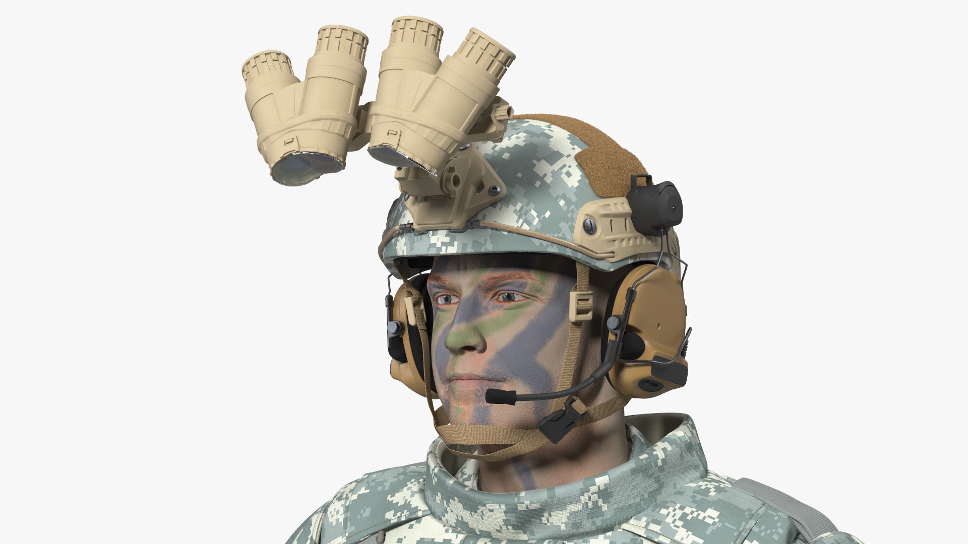 Soldier in Night Vision Goggles Grey Camo Standing Fur 3D model