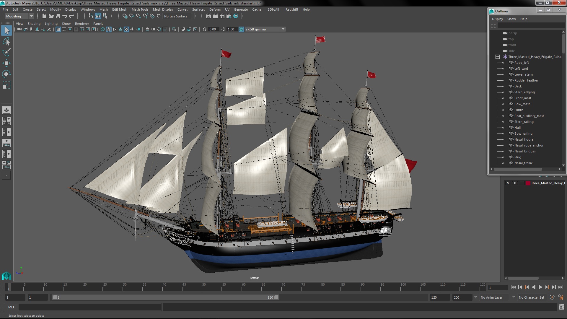 Three Masted Heavy Frigate Raised Sails 3D model