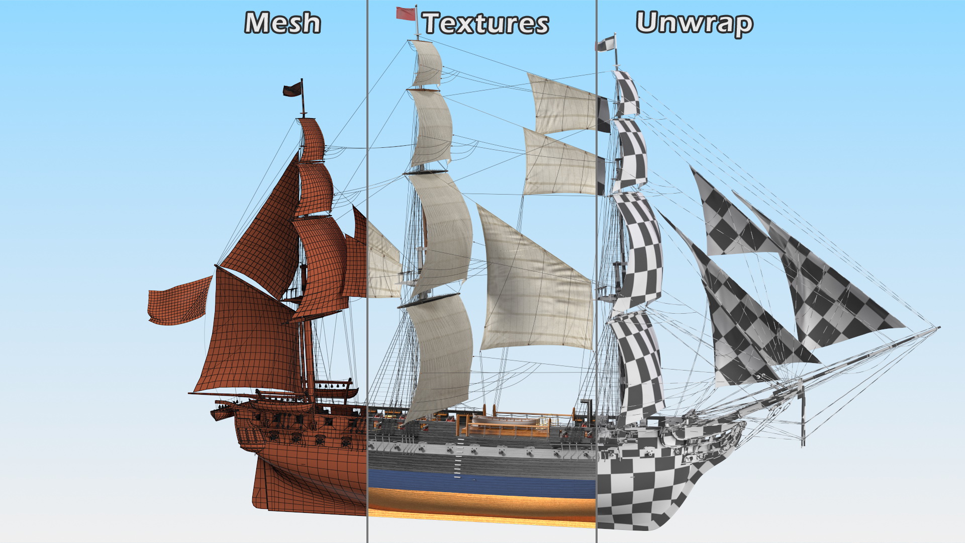 Three Masted Heavy Frigate Raised Sails 3D model