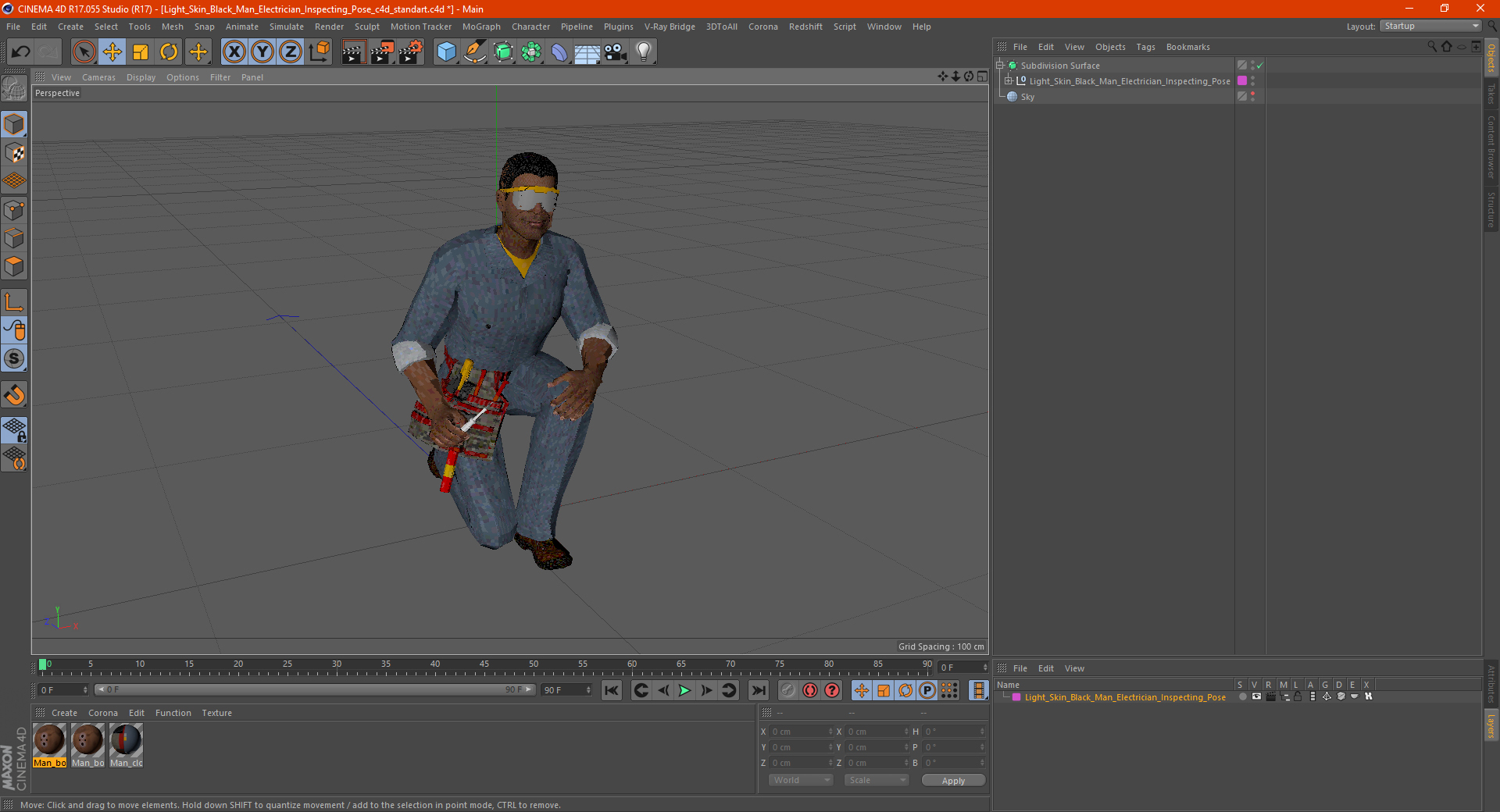 3D Light Skin Black Man Electrician Inspecting Pose model