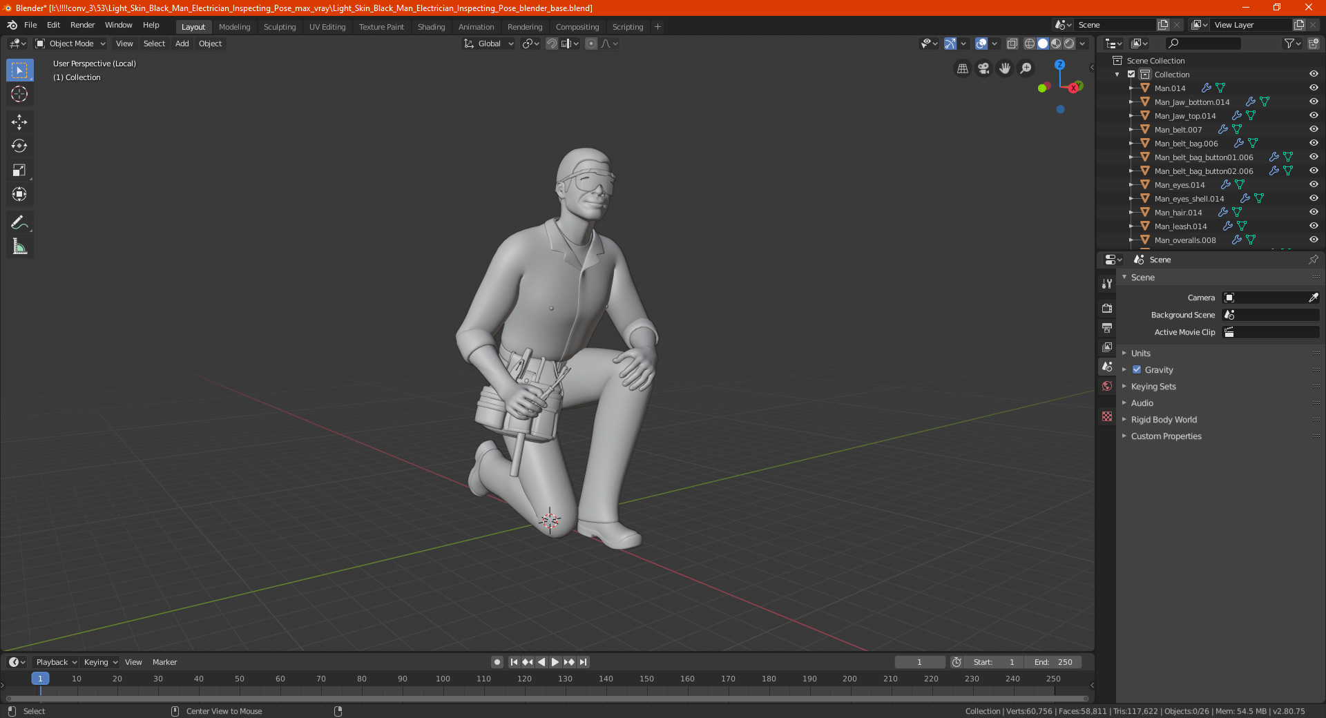 3D Light Skin Black Man Electrician Inspecting Pose model