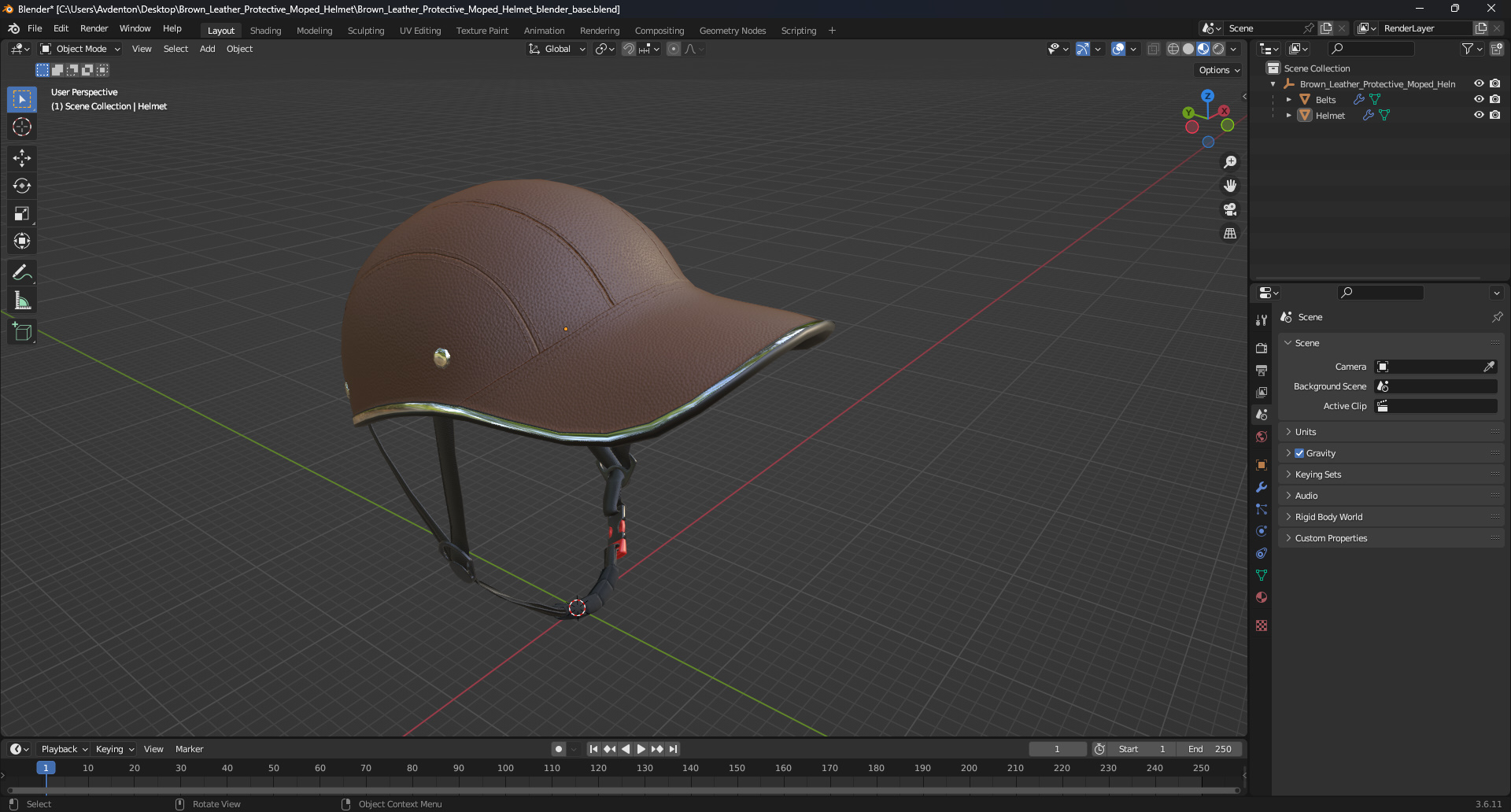 Brown Leather Protective Moped Helmet 3D