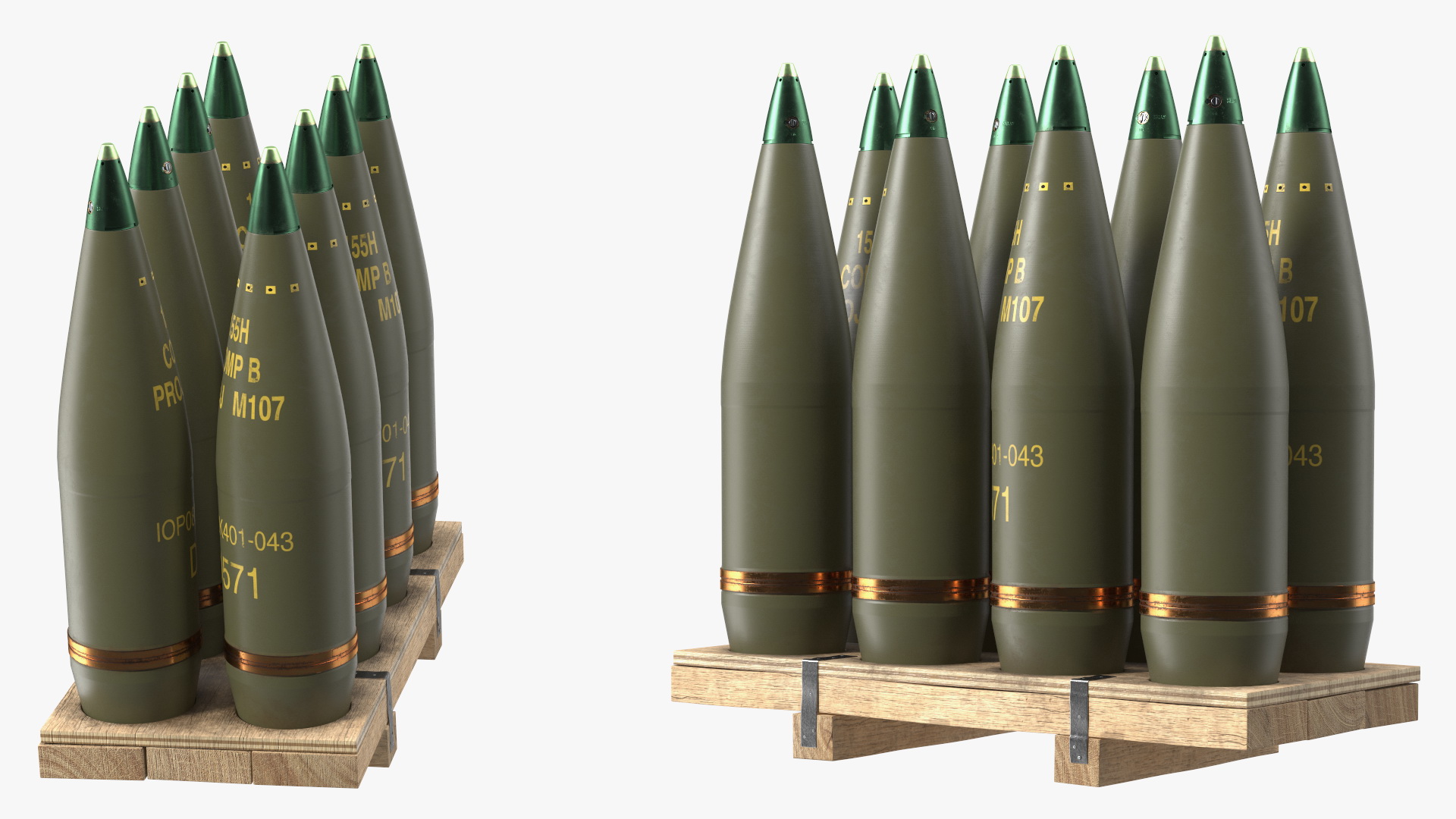 Artillery Shells 155mm on Wooden Pallet 3D model