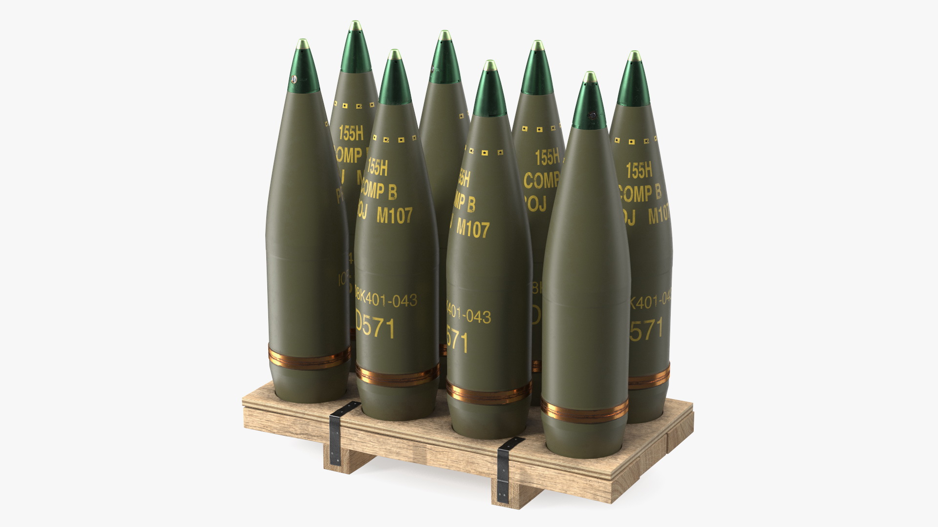 Artillery Shells 155mm on Wooden Pallet 3D model