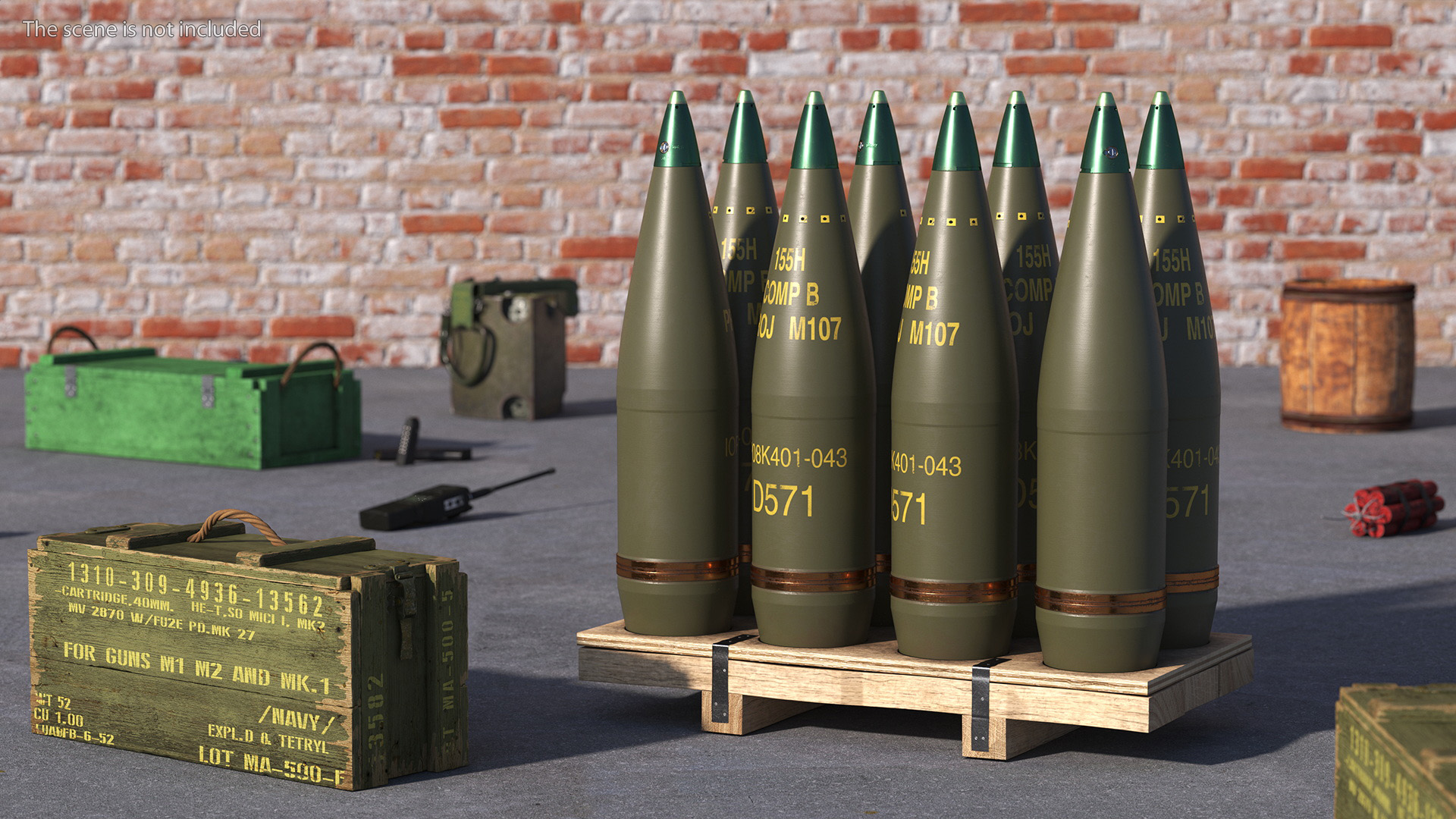 Artillery Shells 155mm on Wooden Pallet 3D model