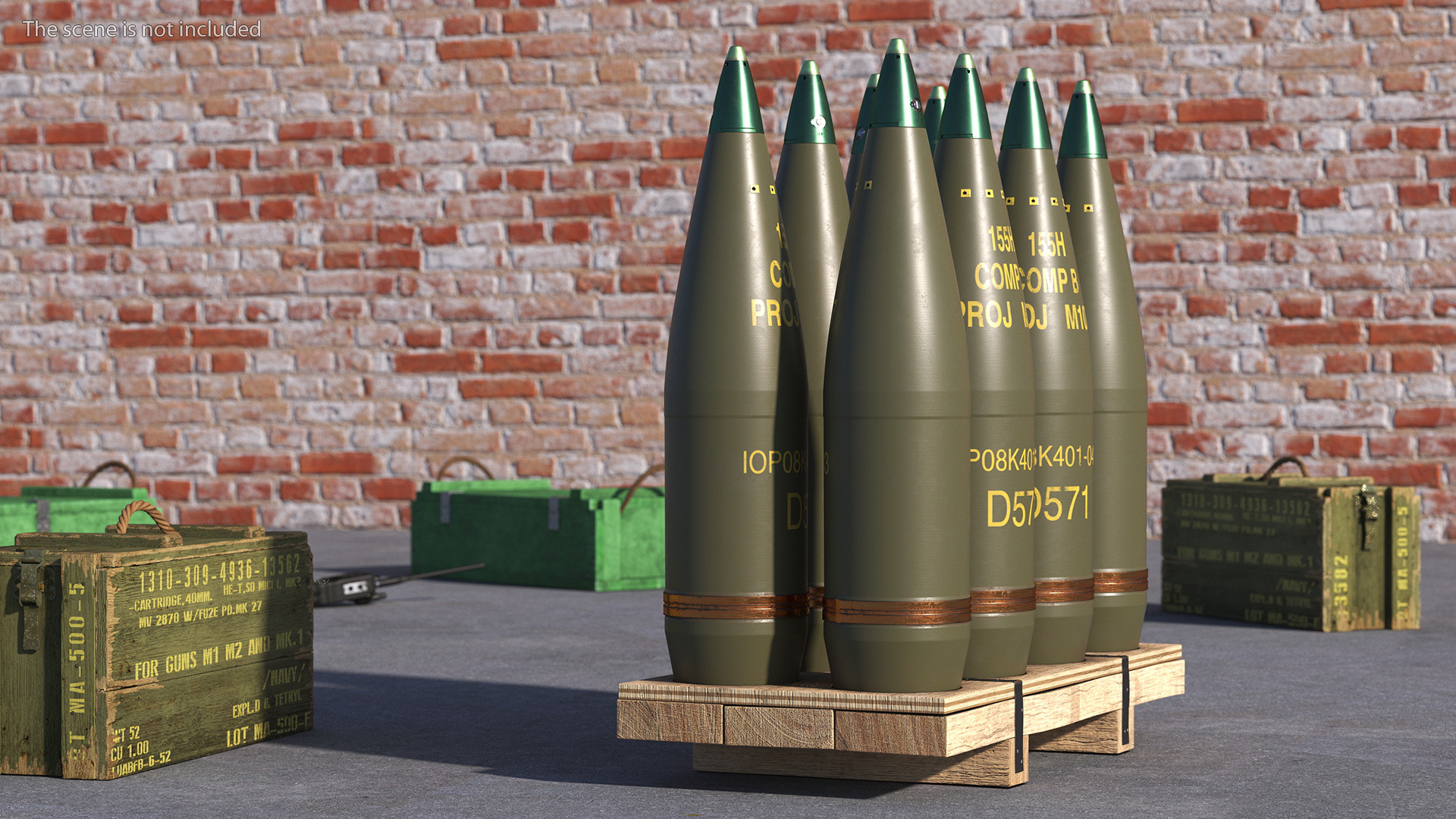 Artillery Shells 155mm on Wooden Pallet 3D model