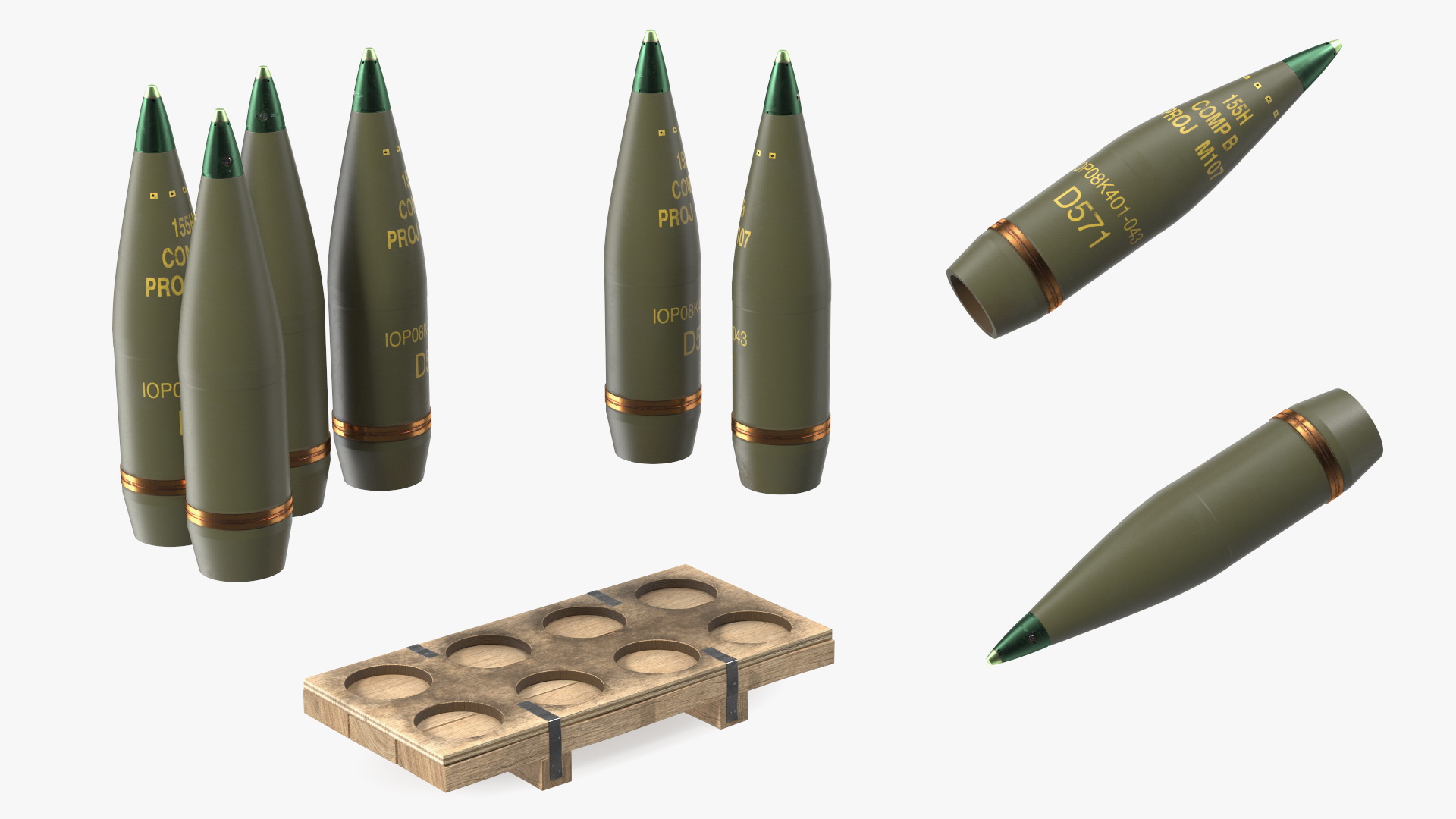 Artillery Shells 155mm on Wooden Pallet 3D model