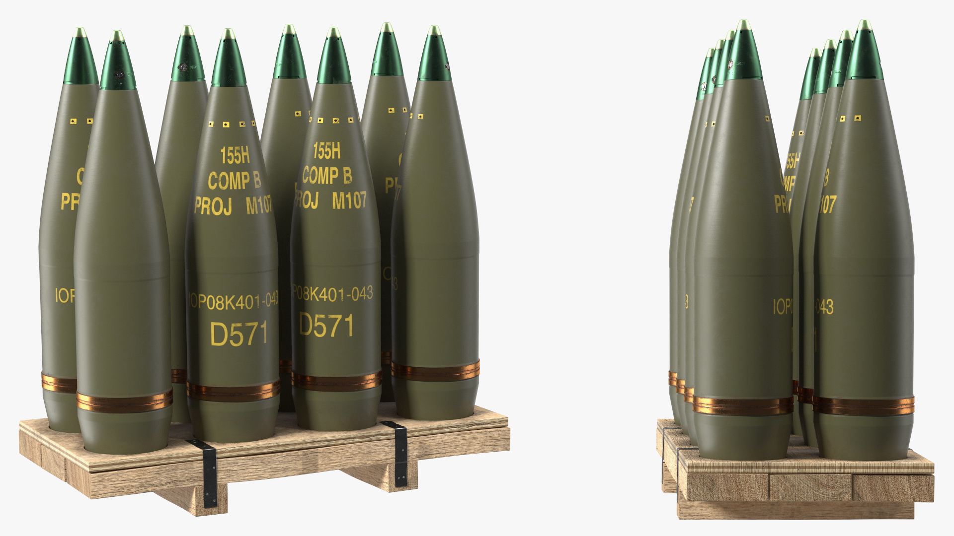 Artillery Shells 155mm on Wooden Pallet 3D model