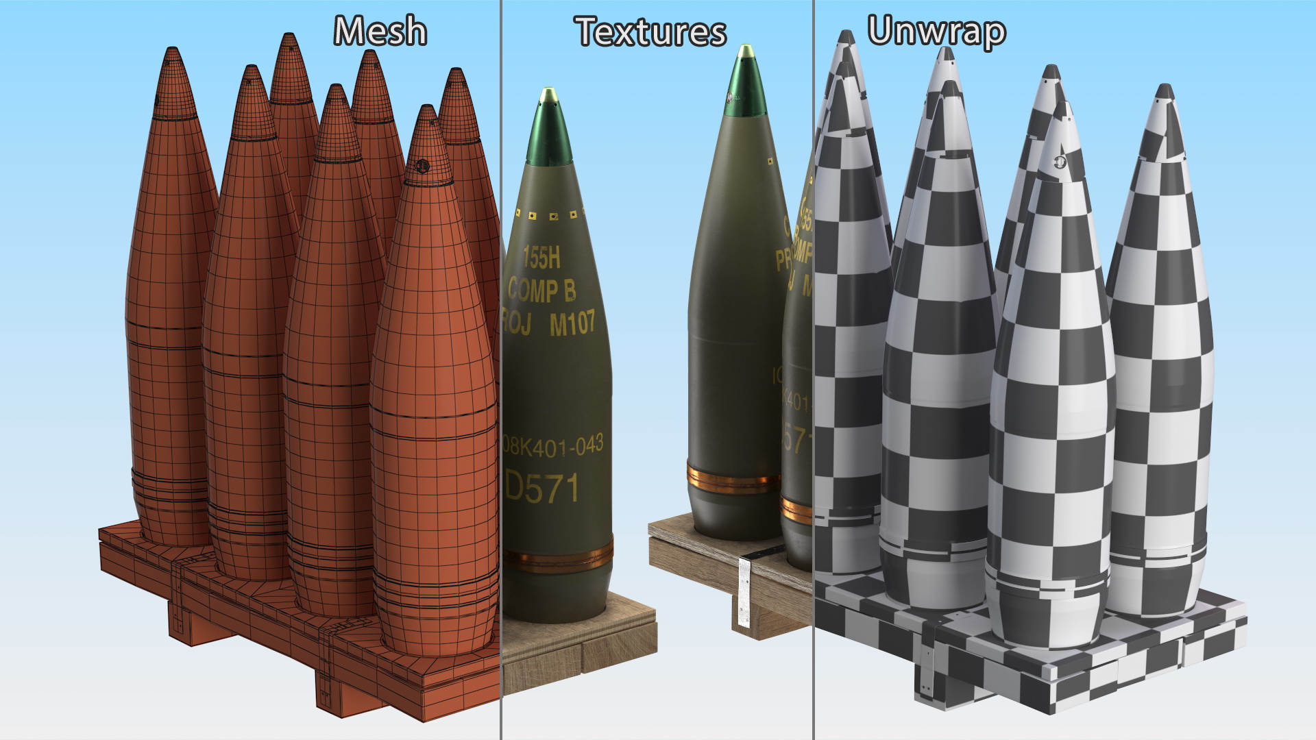 Artillery Shells 155mm on Wooden Pallet 3D model