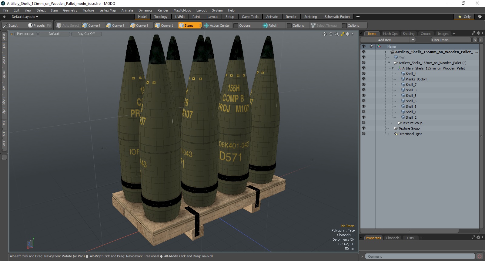 Artillery Shells 155mm on Wooden Pallet 3D model