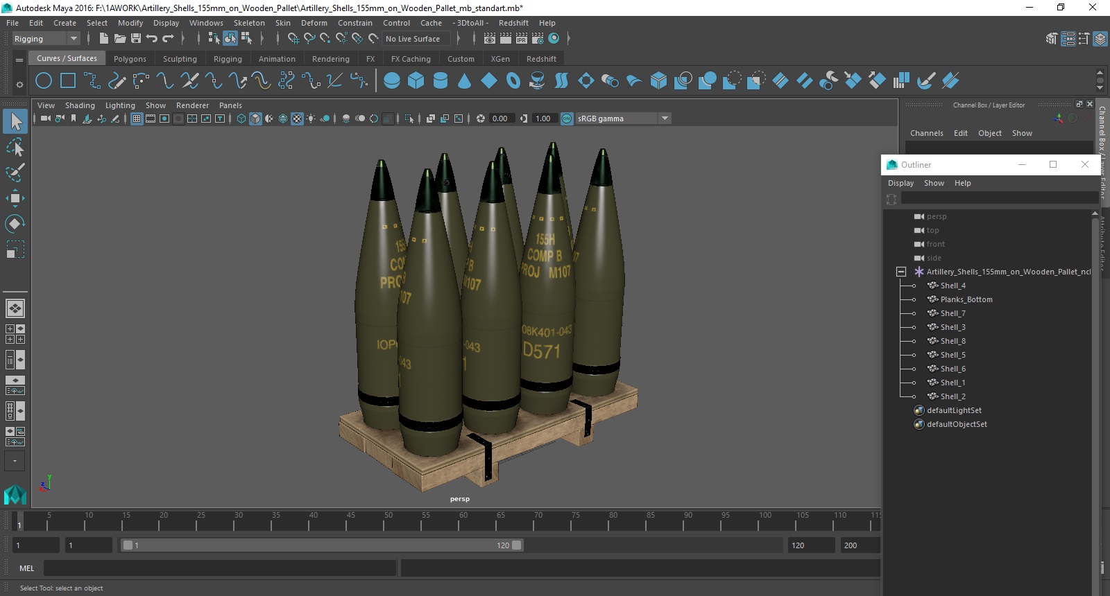 Artillery Shells 155mm on Wooden Pallet 3D model