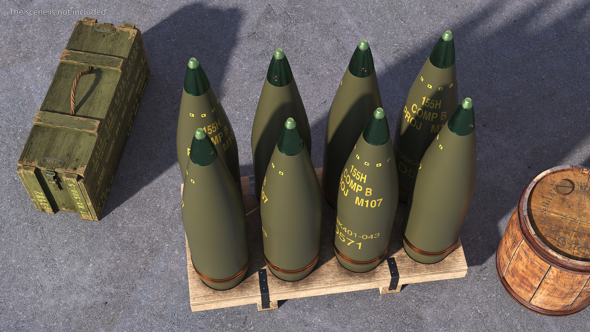Artillery Shells 155mm on Wooden Pallet 3D model