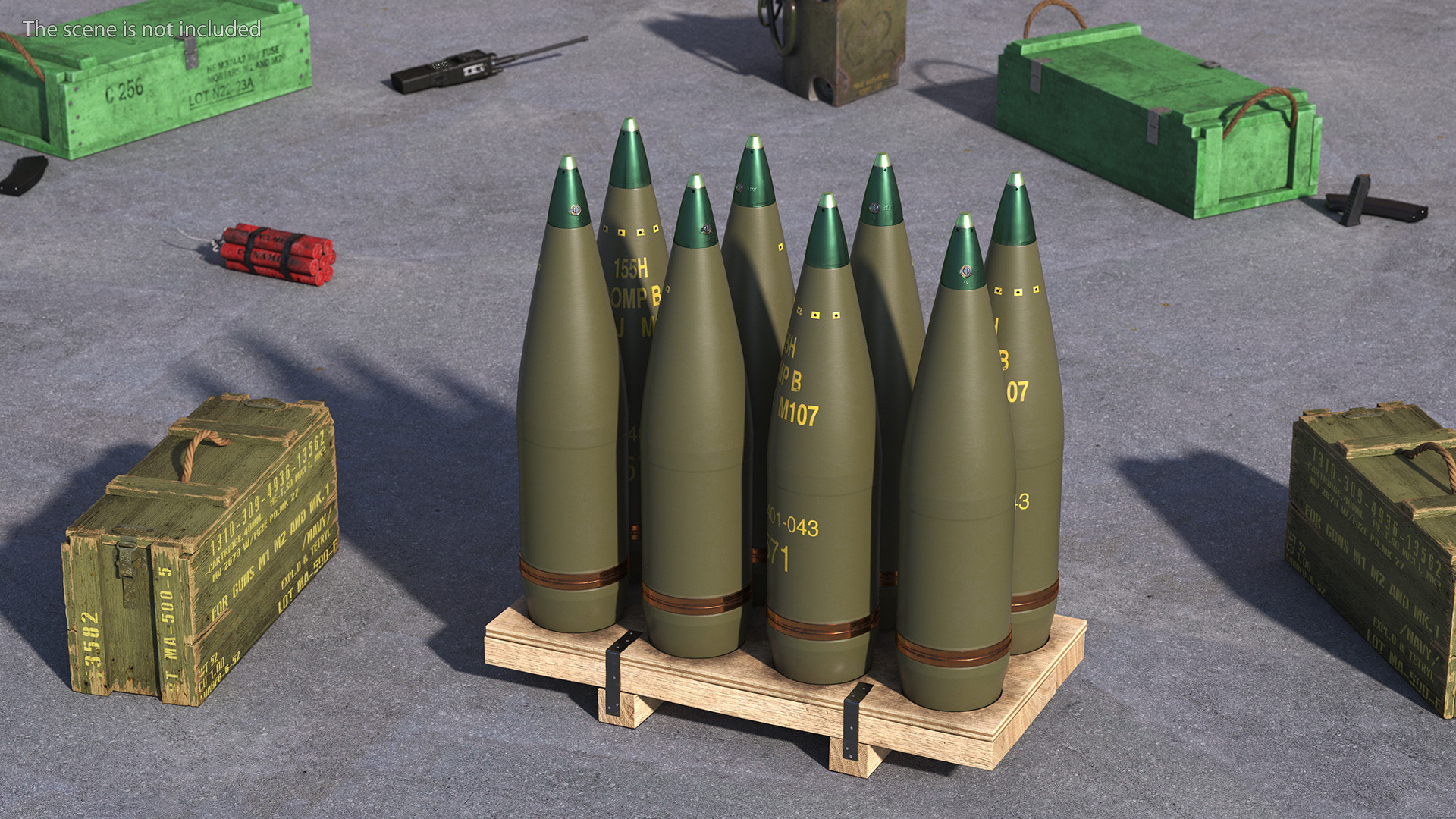 Artillery Shells 155mm on Wooden Pallet 3D model