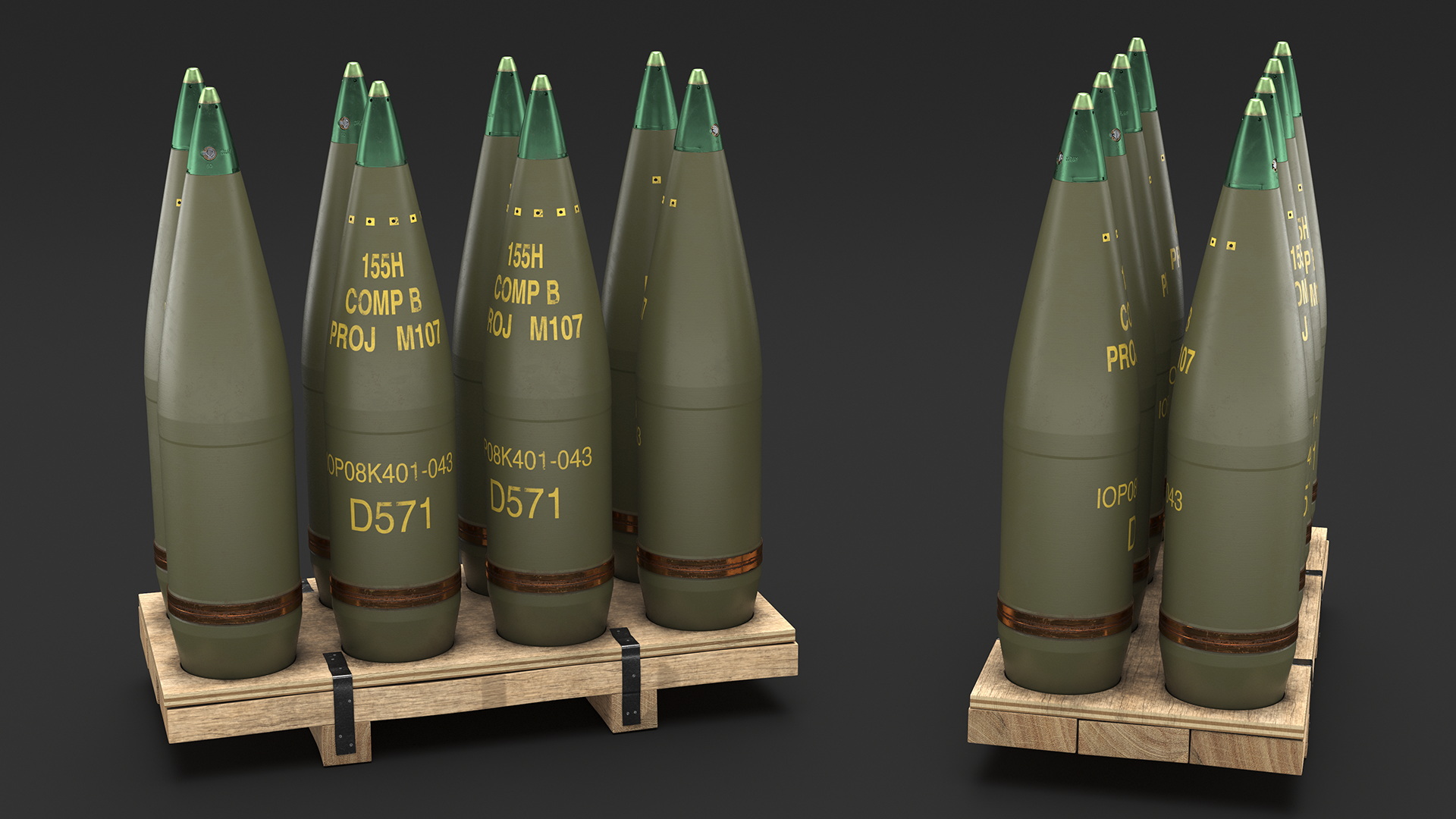 Artillery Shells 155mm on Wooden Pallet 3D model