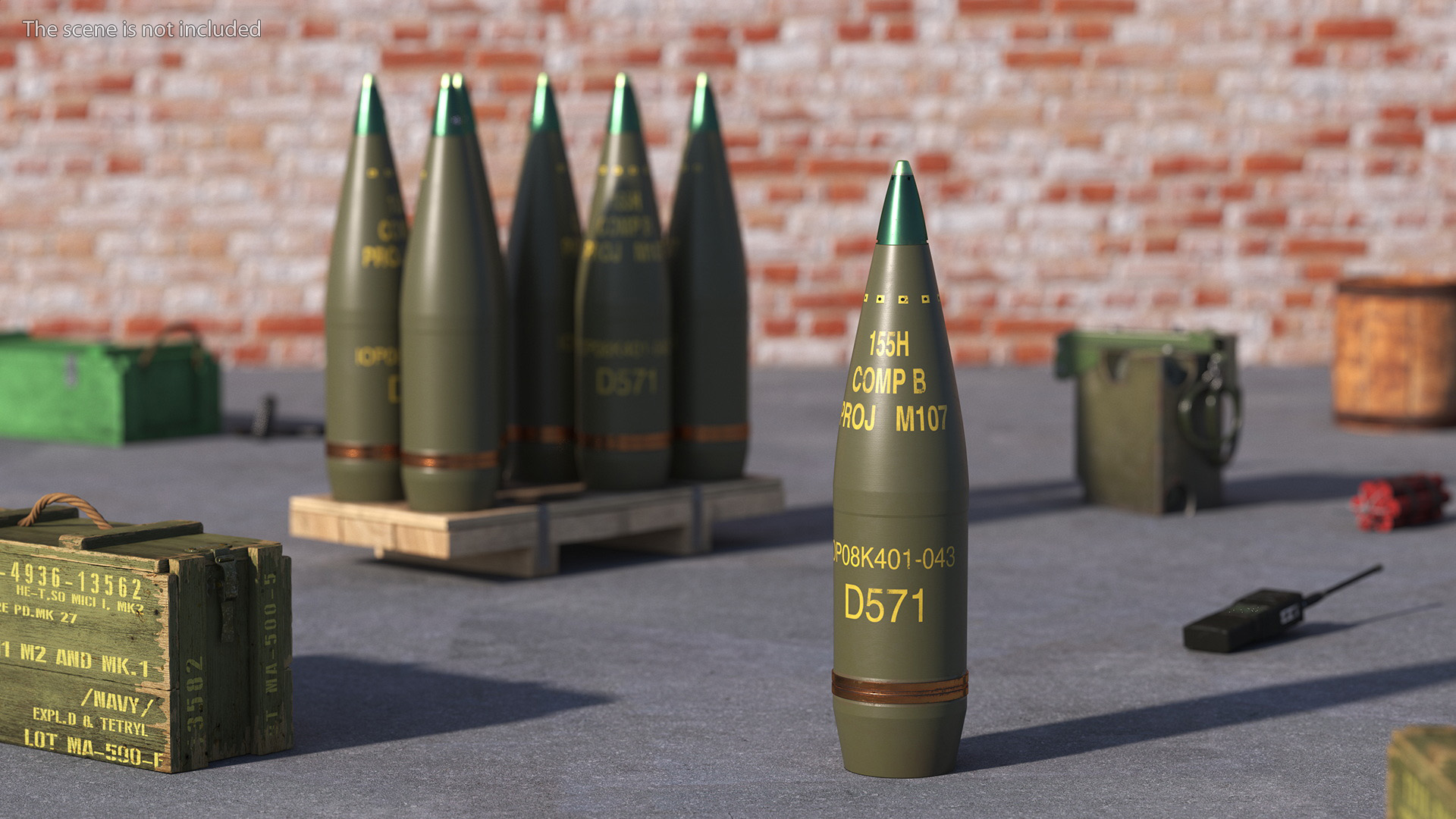 Artillery Shells 155mm on Wooden Pallet 3D model