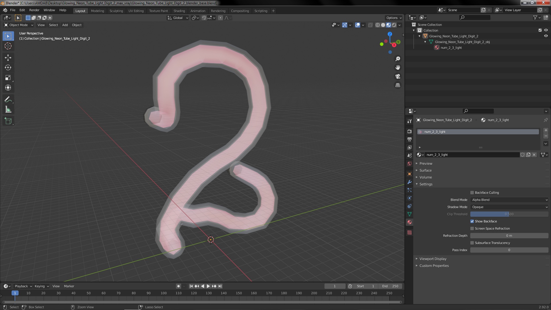 3D Glowing Neon Tube Light Digit 2