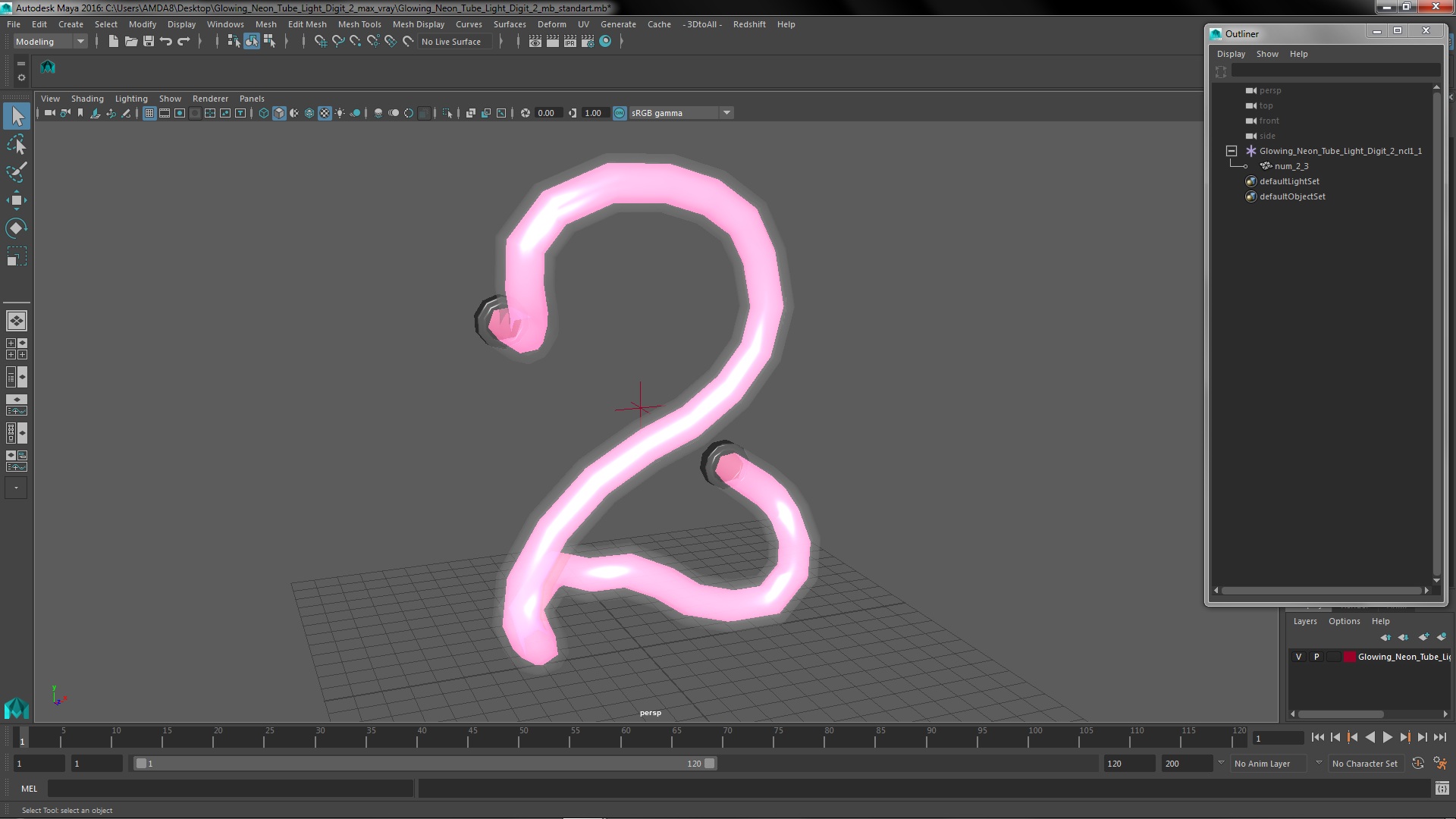 3D Glowing Neon Tube Light Digit 2