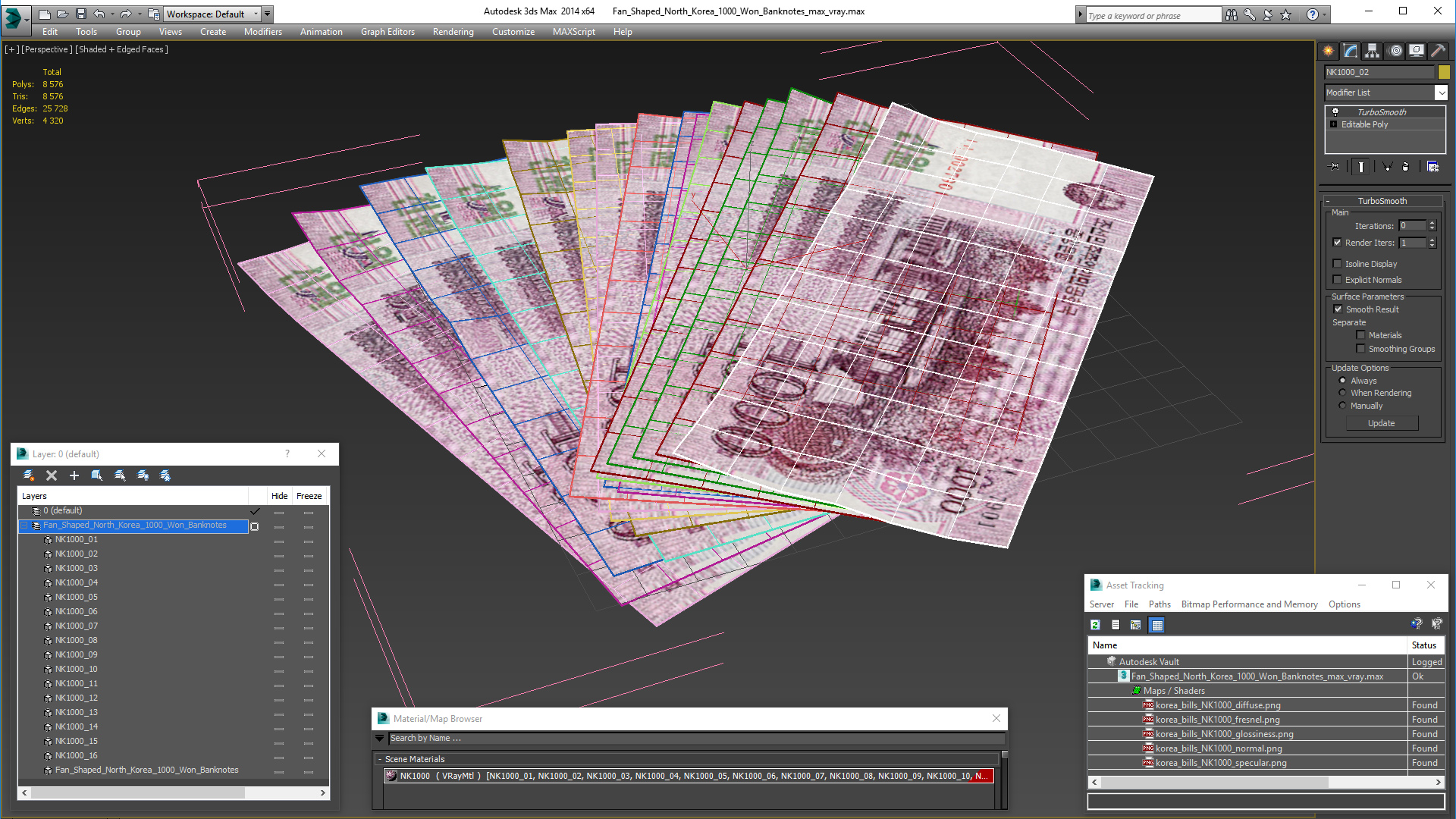 3D Fan Shaped North Korea 1000 Won Banknotes