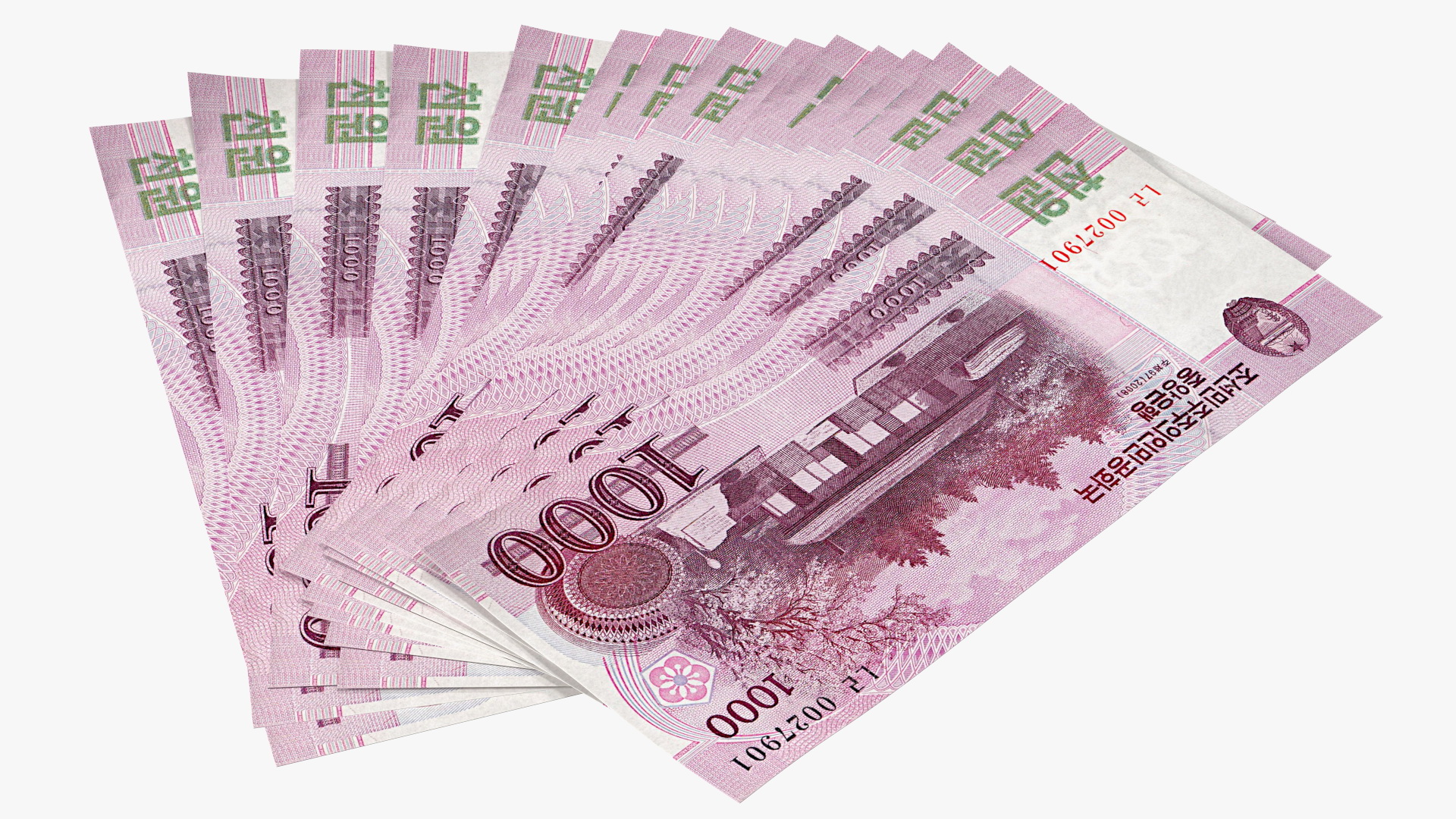 3D Fan Shaped North Korea 1000 Won Banknotes