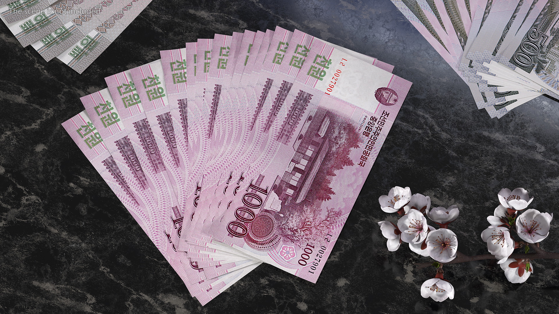 3D Fan Shaped North Korea 1000 Won Banknotes