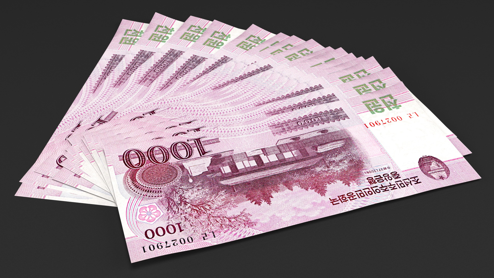 3D Fan Shaped North Korea 1000 Won Banknotes