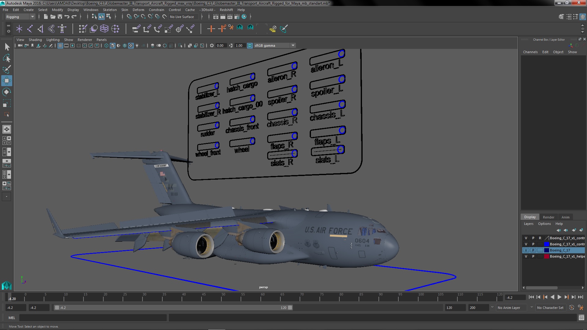 3D Boeing C17 Globemaster III Transport Aircraft Rigged for Maya
