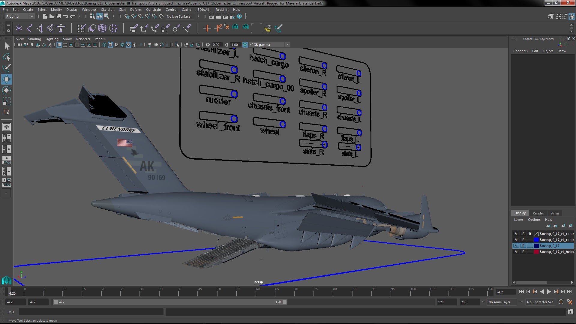 3D Boeing C17 Globemaster III Transport Aircraft Rigged for Maya