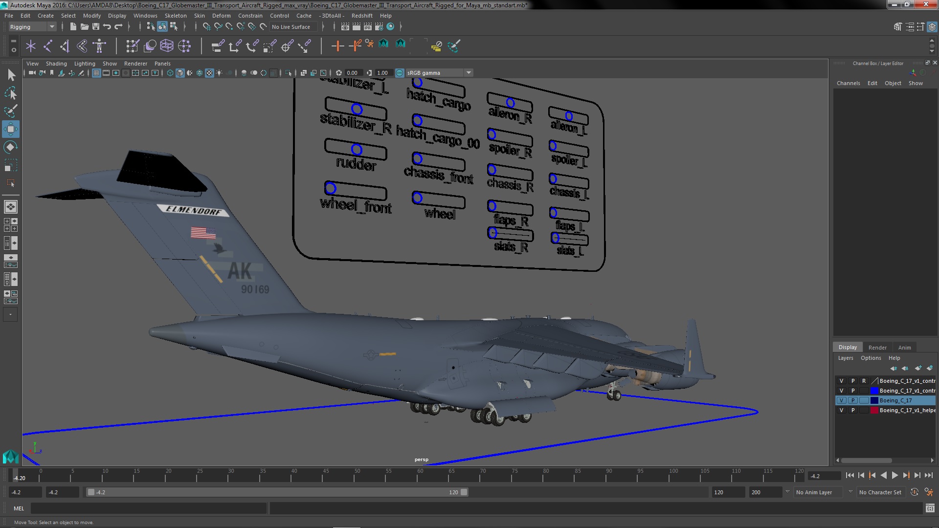 3D Boeing C17 Globemaster III Transport Aircraft Rigged for Maya