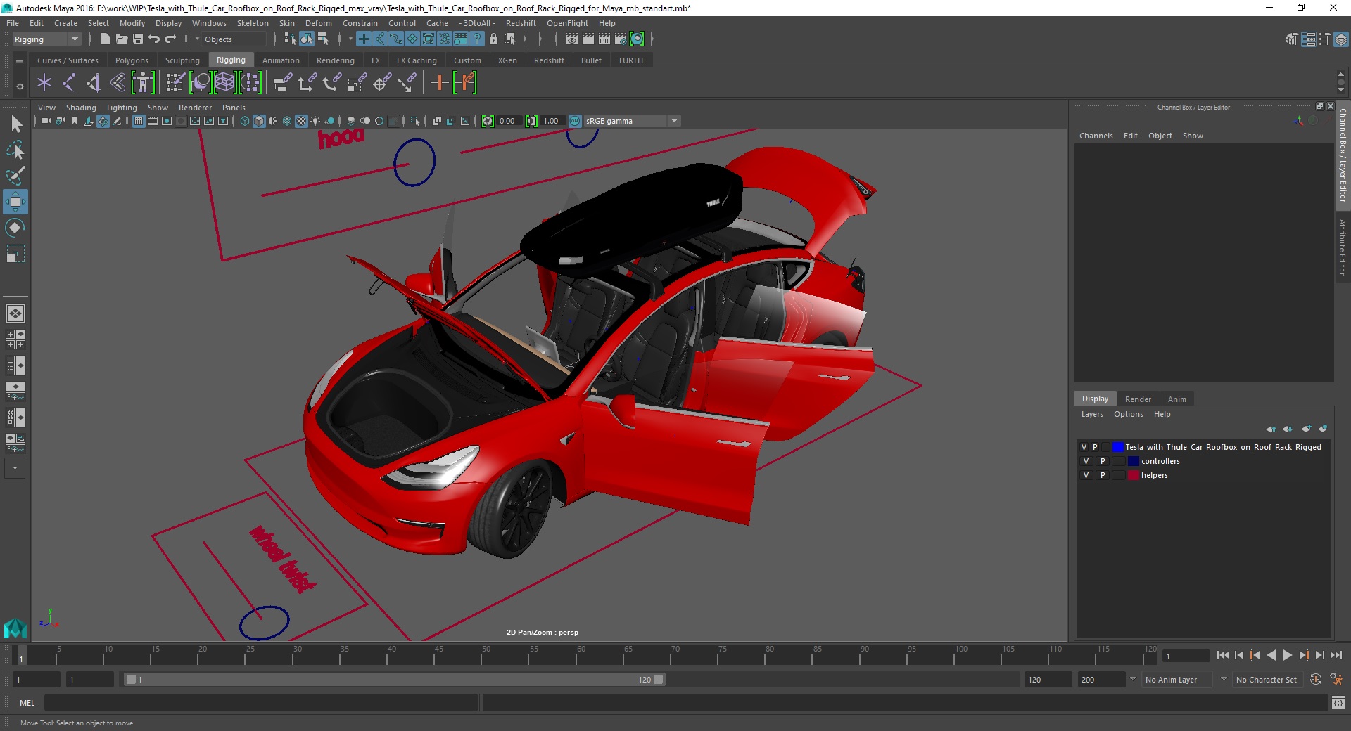 Tesla with Thule Car Roofbox on Roof Rack Rigged for Maya 3D