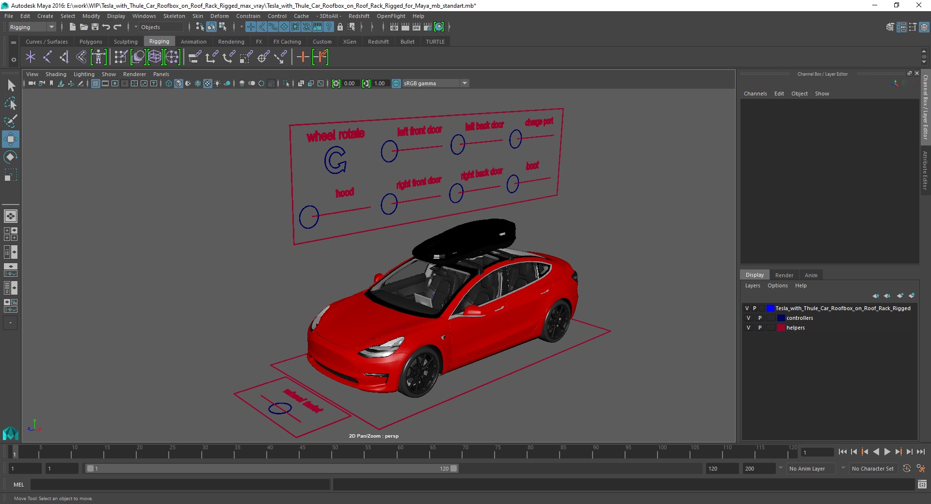Tesla with Thule Car Roofbox on Roof Rack Rigged for Maya 3D