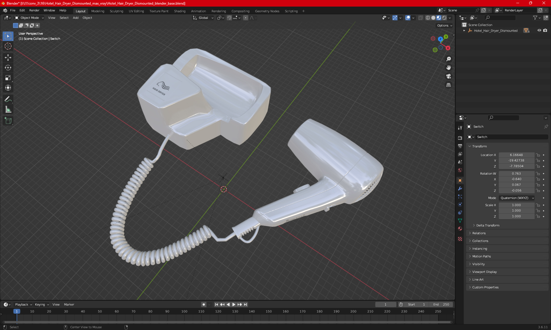 Hotel Hair Dryer Dismounted 3D
